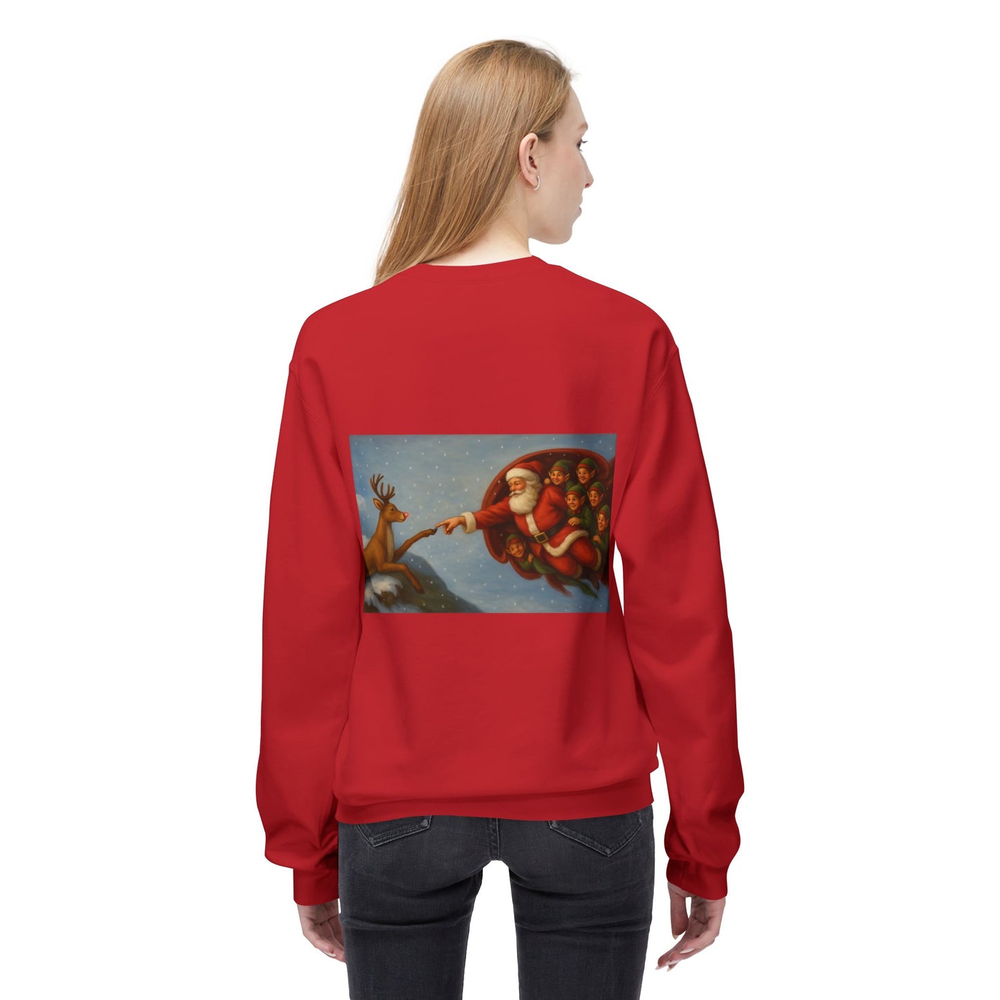 Santa Reaching Reindeer Crewneck Sweatshirt | Christmas Holiday Illustration