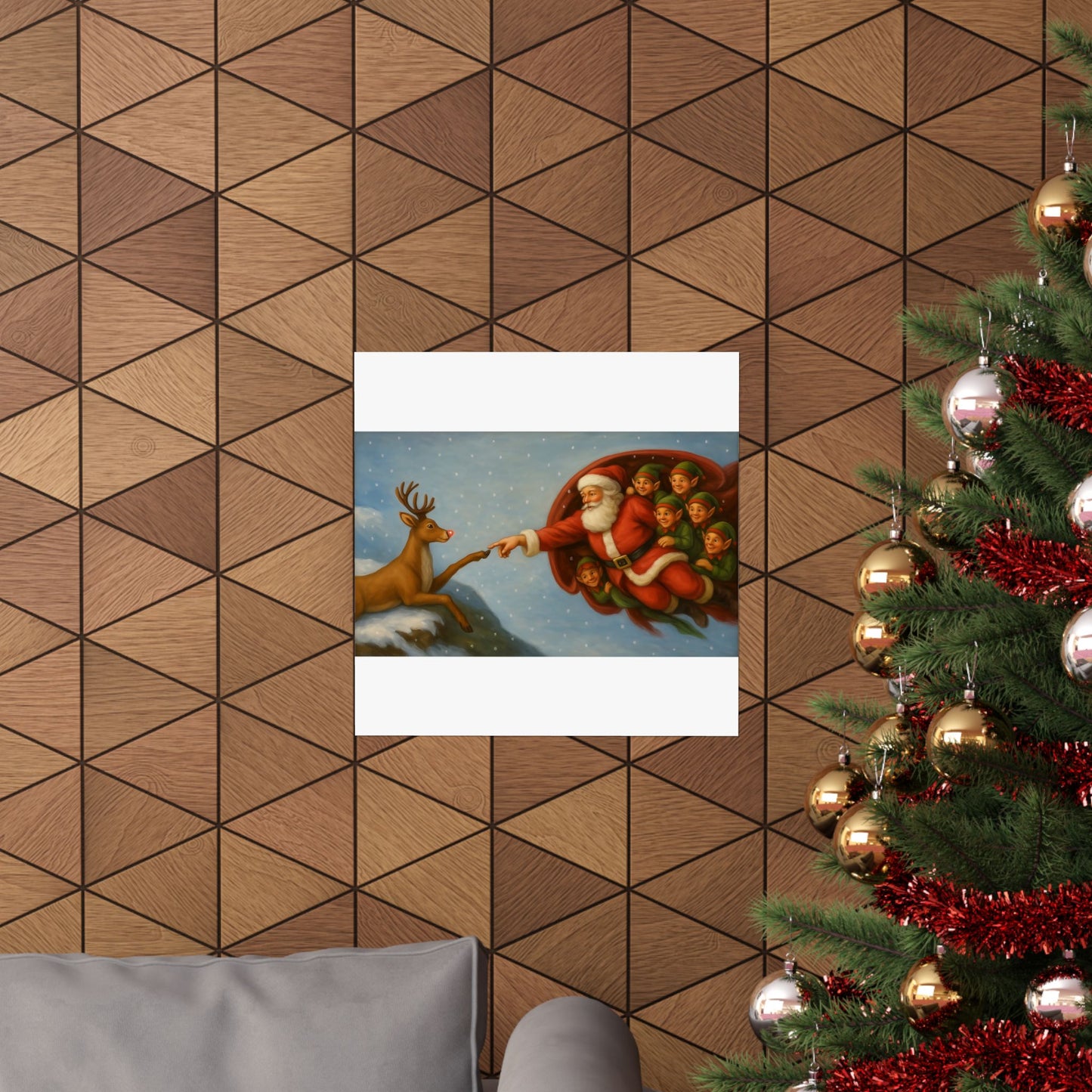 Santa and Elves Reaching Reindeer Matte Vertical Poster | Christmas Holiday Wall Art