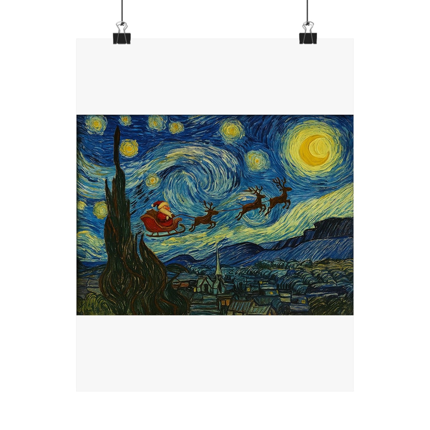 Santa Sleigh over Starry Night Poster | Matte Vertical Poster, Christmas Wall Art