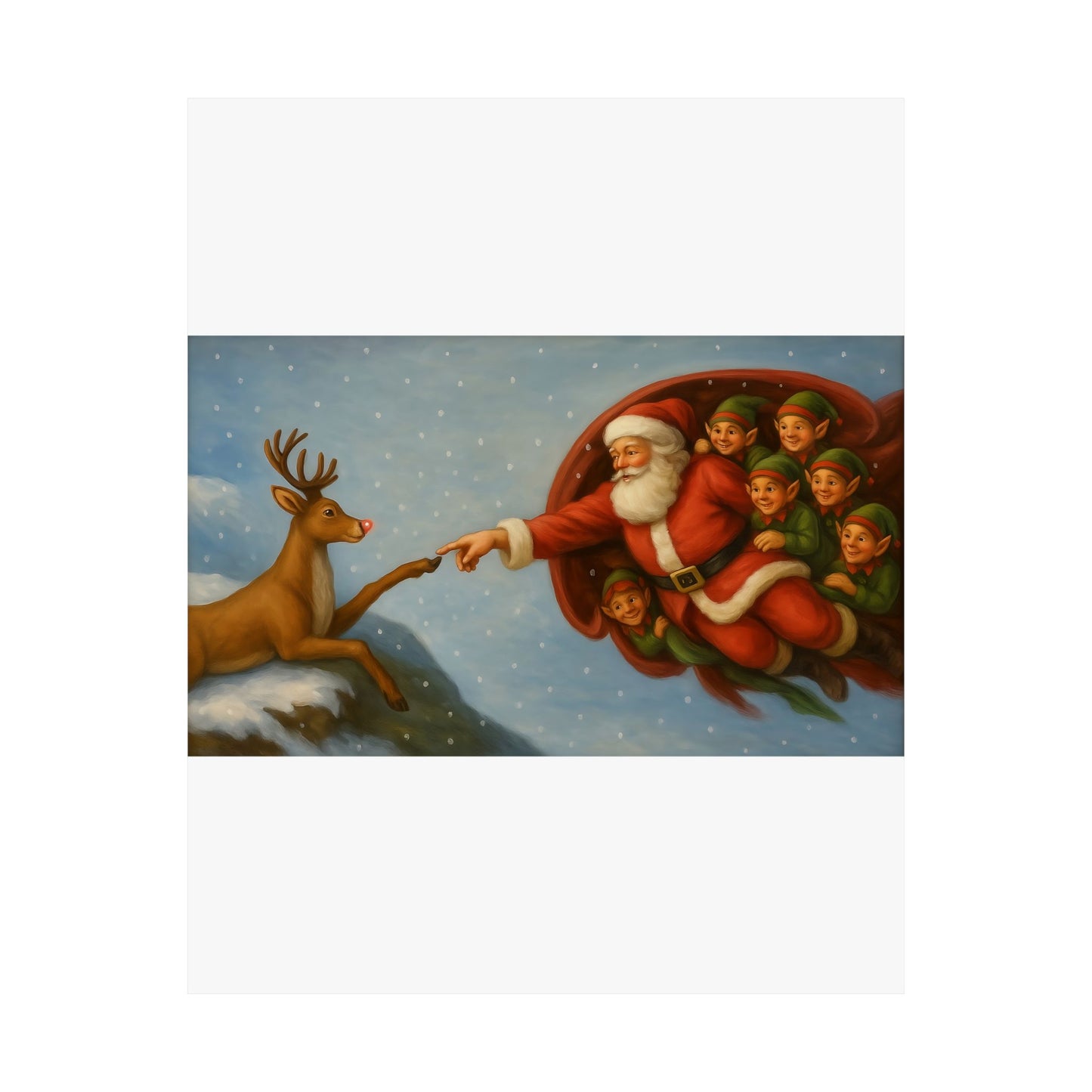 Santa and Elves Reaching Reindeer Matte Vertical Poster | Christmas Holiday Wall Art
