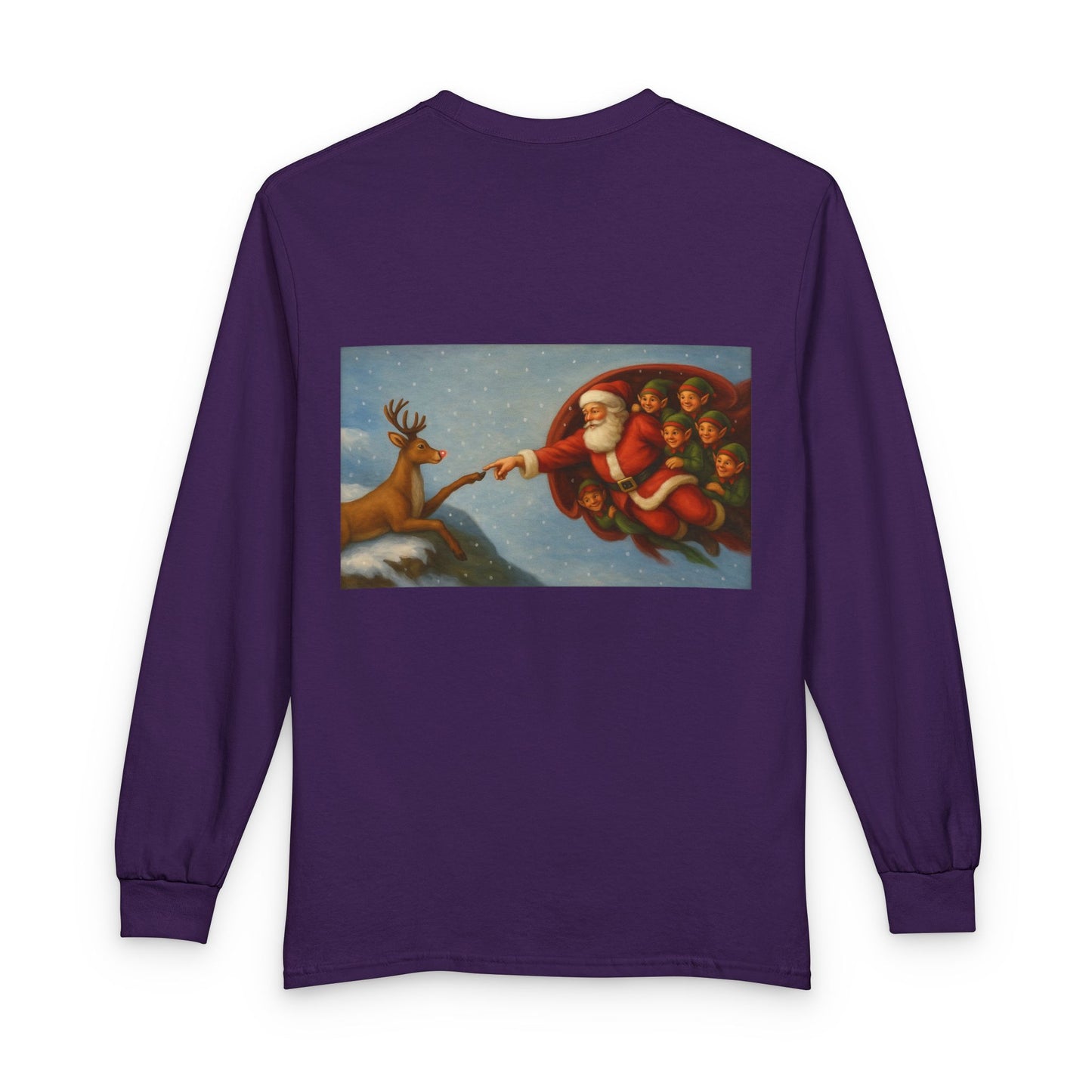 Santa Reaching for Reindeer Long Sleeve Shirt | Christmas Holiday Illustration