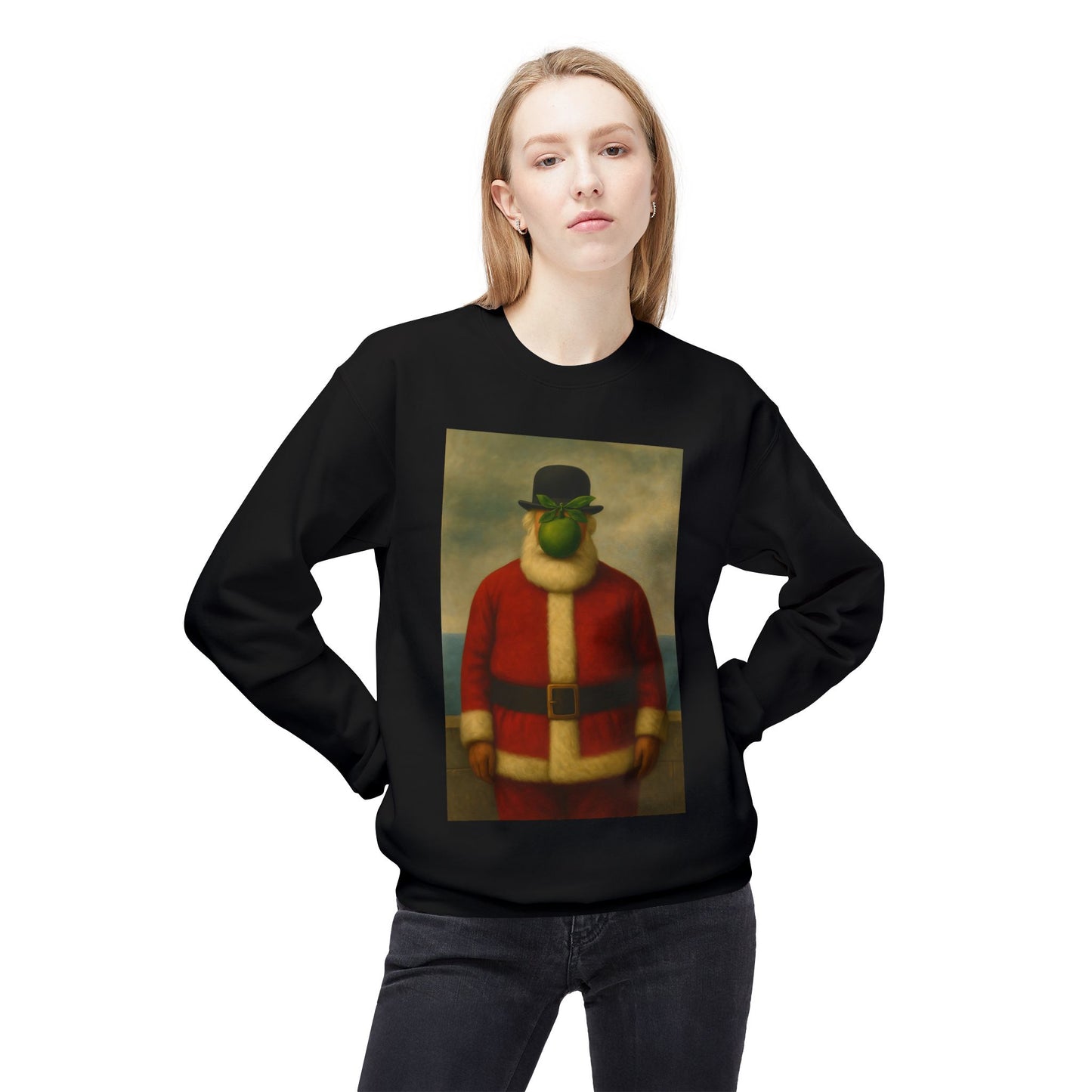 Surreal Pear Man Santa Sweatshirt | Holiday Art Hoodie-Style Crew