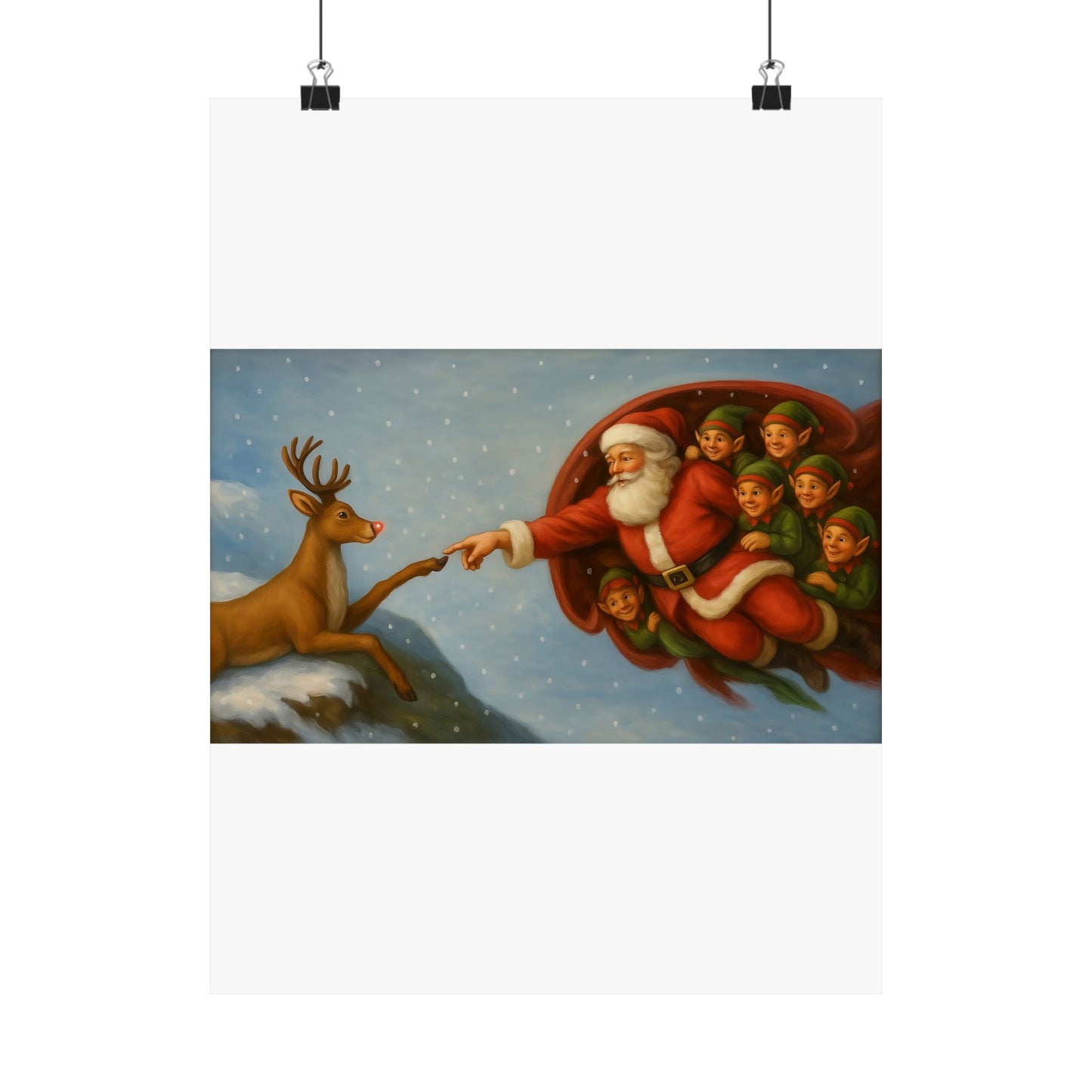 Santa and Elves Reaching Reindeer Matte Vertical Poster | Christmas Holiday Wall Art