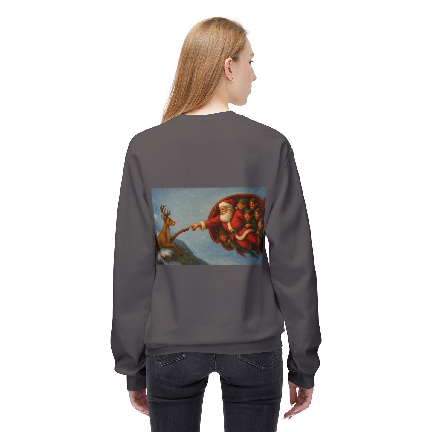 Santa Reaching Reindeer Crewneck Sweatshirt | Christmas Holiday Illustration