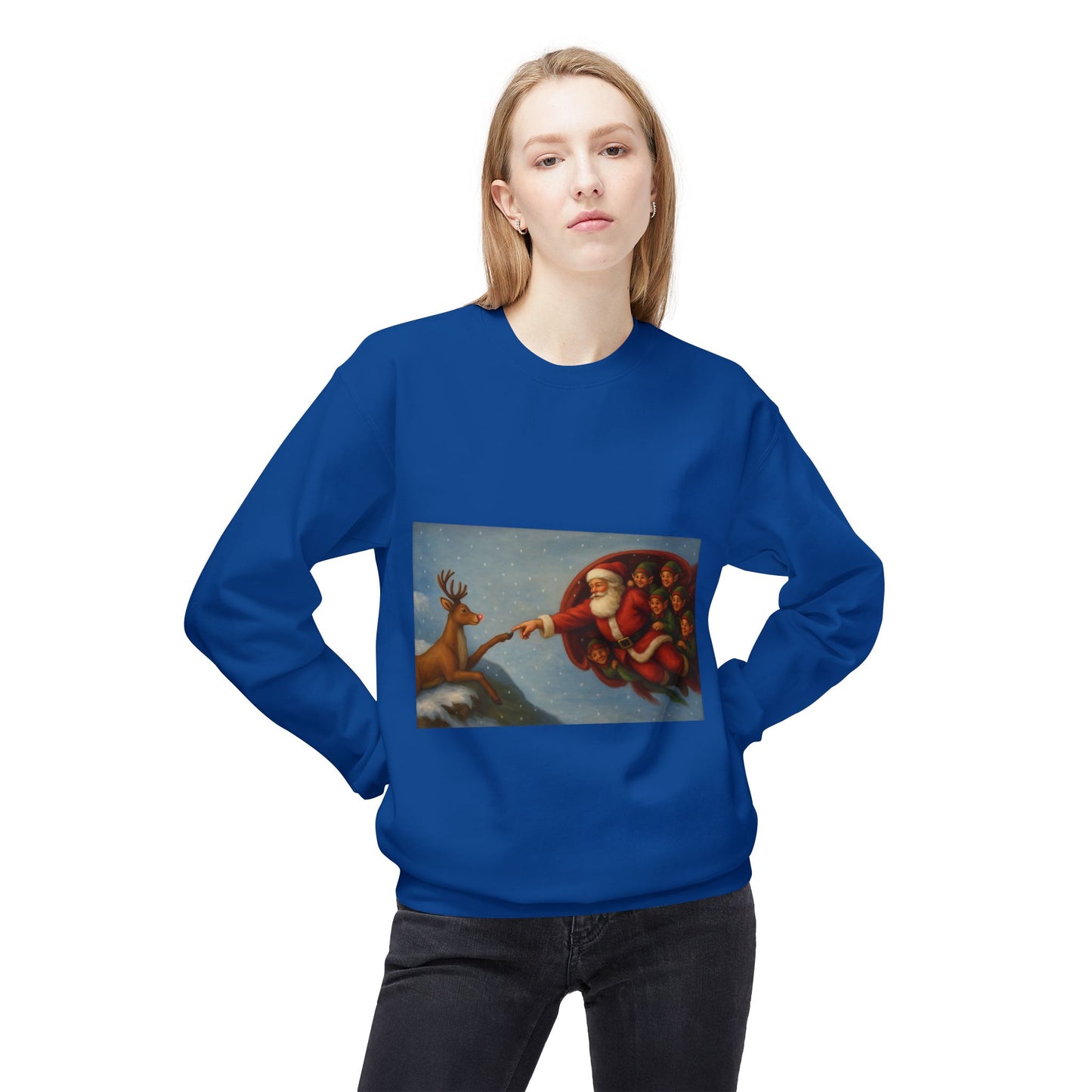 Santa Reaching Reindeer Crewneck Sweatshirt | Christmas Holiday Illustration