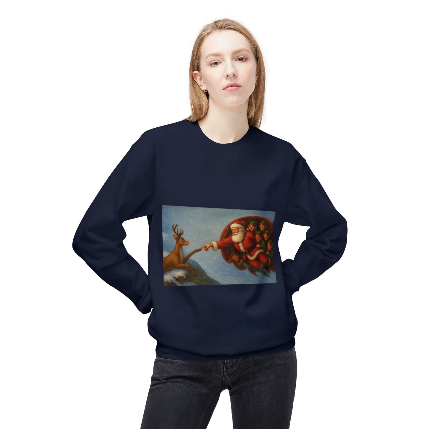 Santa Reaching Reindeer Crewneck Sweatshirt | Christmas Holiday Illustration