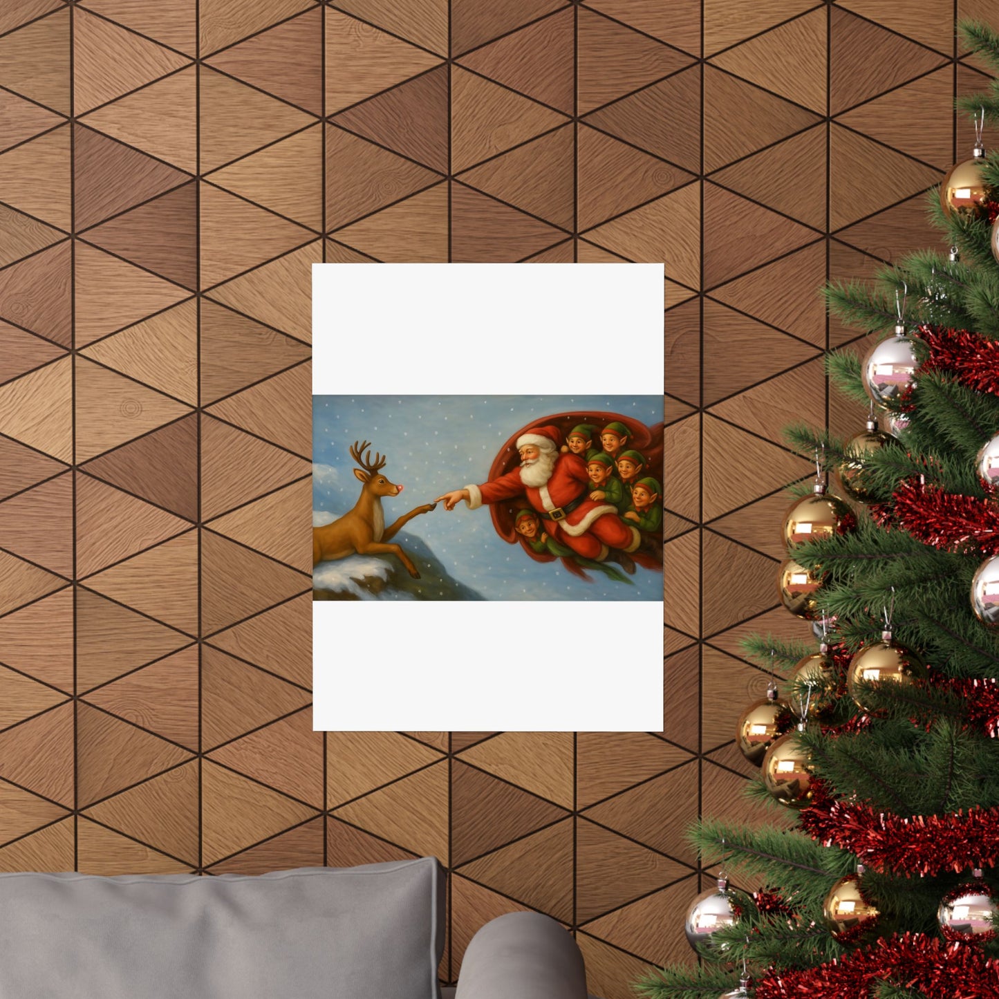Santa and Elves Reaching Reindeer Matte Vertical Poster | Christmas Holiday Wall Art