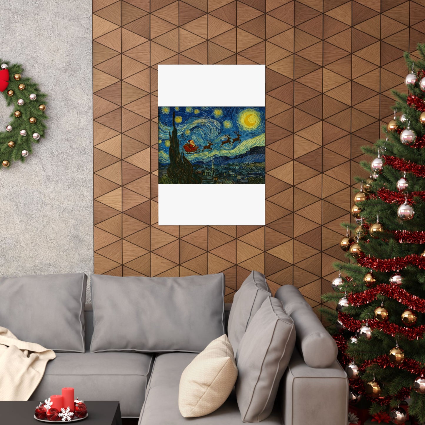 Santa Sleigh over Starry Night Poster | Matte Vertical Poster, Christmas Wall Art