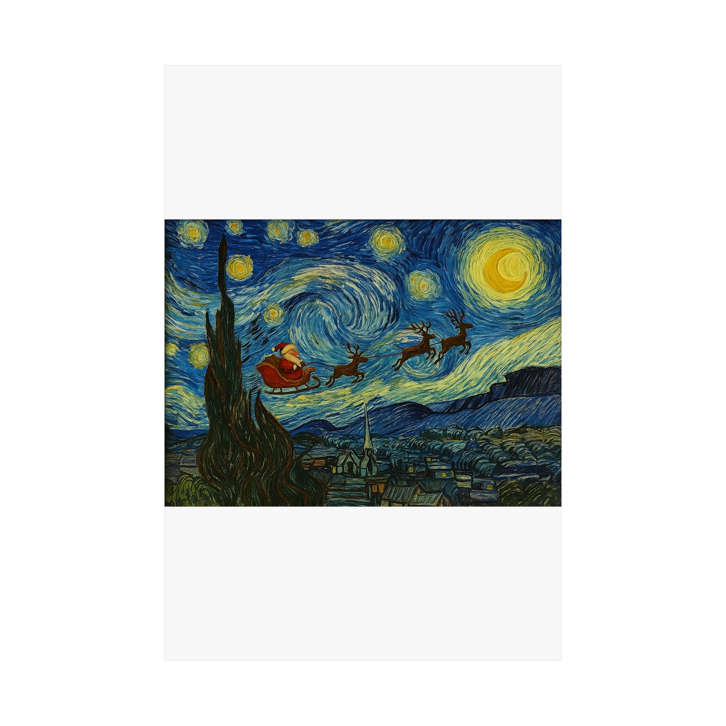 Santa Sleigh over Starry Night Poster | Matte Vertical Poster, Christmas Wall Art