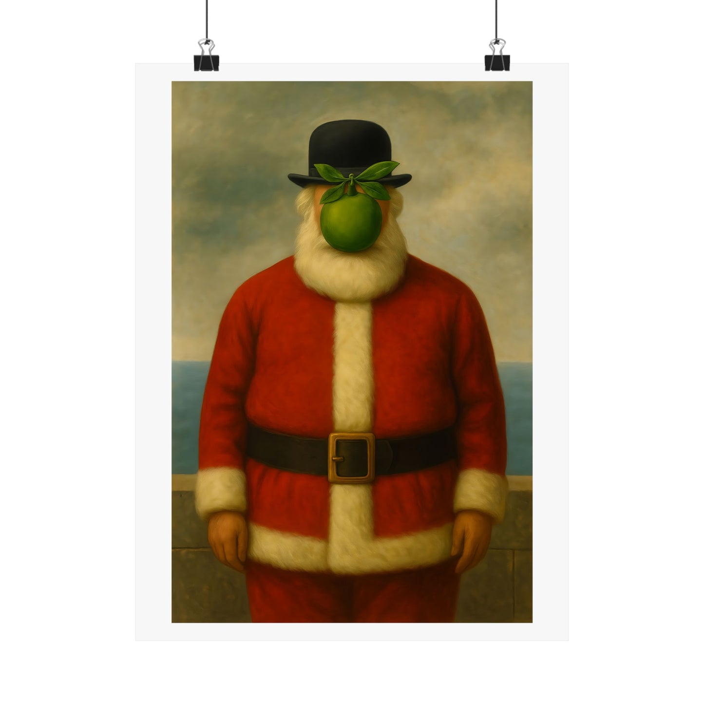 Green Apple Santa Matte Vertical Poster | Surreal Holiday Art Print