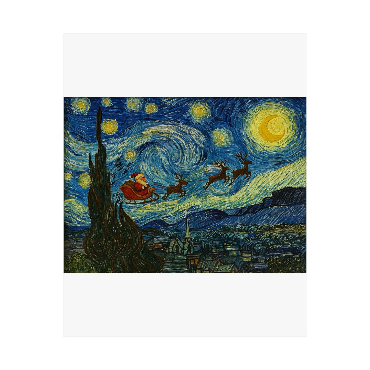 Santa Sleigh over Starry Night Poster | Matte Vertical Poster, Christmas Wall Art