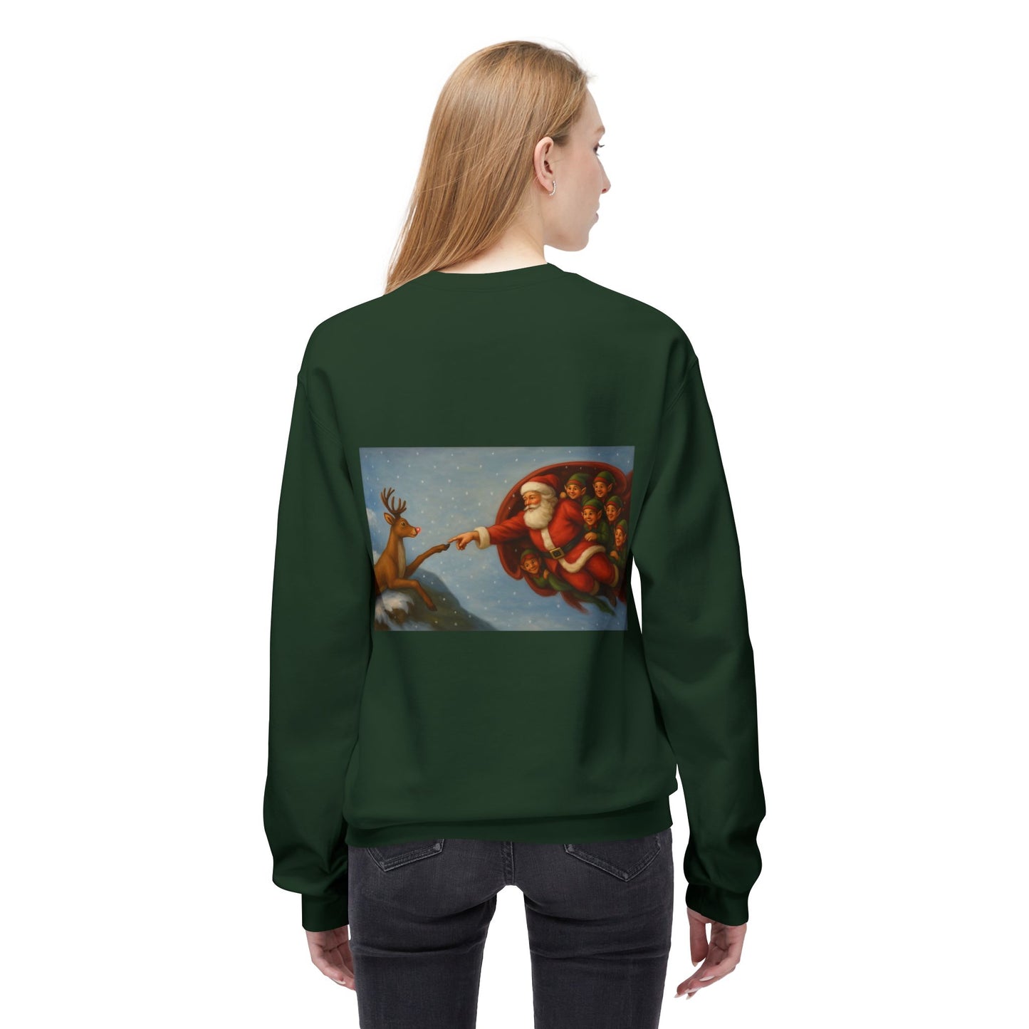 Santa Reaching Reindeer Crewneck Sweatshirt | Christmas Holiday Illustration