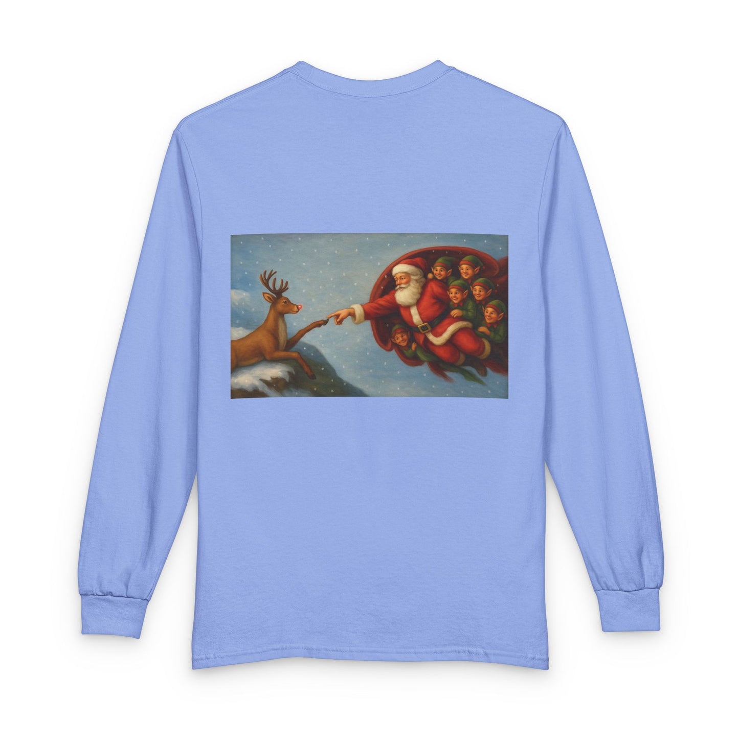 Santa Reaching for Reindeer Long Sleeve Shirt | Christmas Holiday Illustration