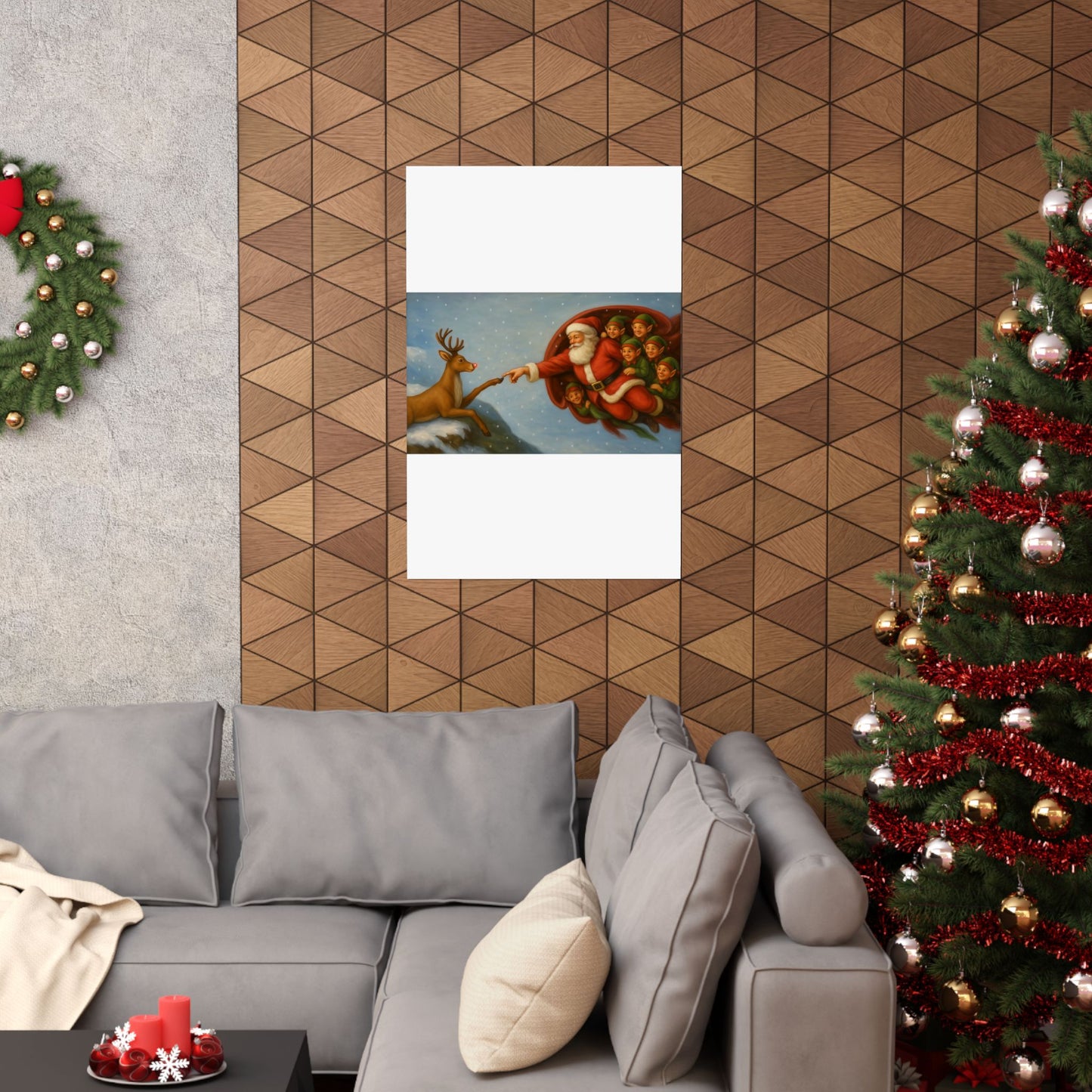 Santa and Elves Reaching Reindeer Matte Vertical Poster | Christmas Holiday Wall Art