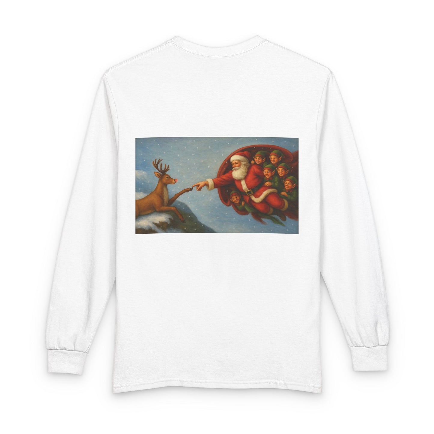 Santa Reaching for Reindeer Long Sleeve Shirt | Christmas Holiday Illustration