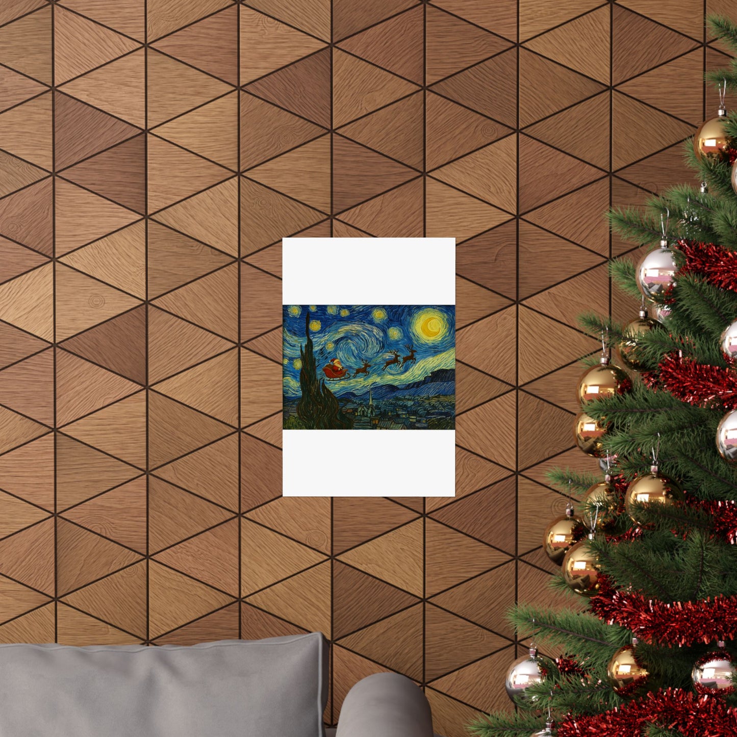 Santa Sleigh over Starry Night Poster | Matte Vertical Poster, Christmas Wall Art