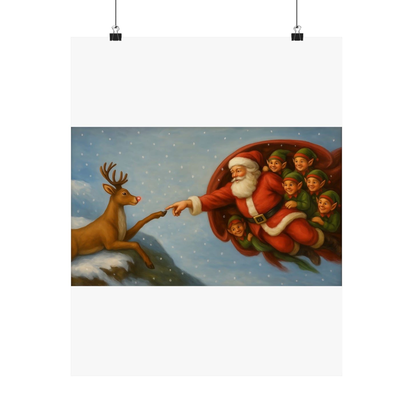 Santa and Elves Reaching Reindeer Matte Vertical Poster | Christmas Holiday Wall Art