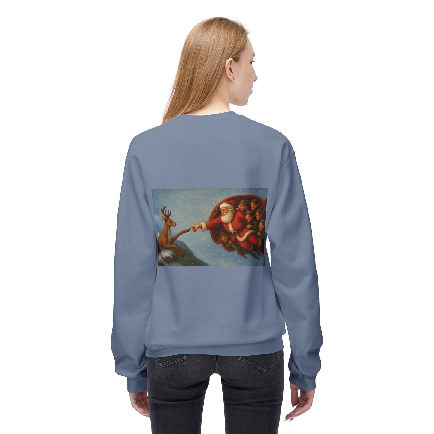 Santa Reaching Reindeer Crewneck Sweatshirt | Christmas Holiday Illustration