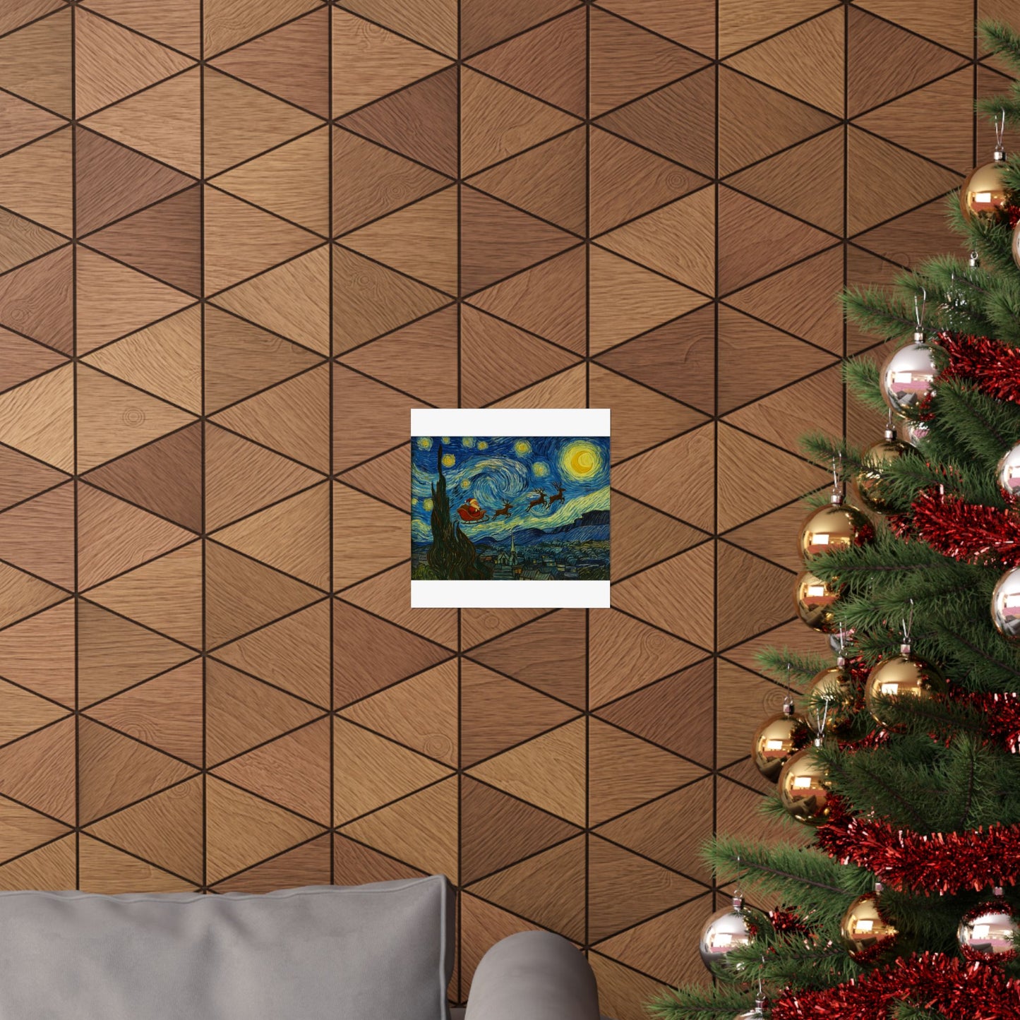 Santa Sleigh over Starry Night Poster | Matte Vertical Poster, Christmas Wall Art