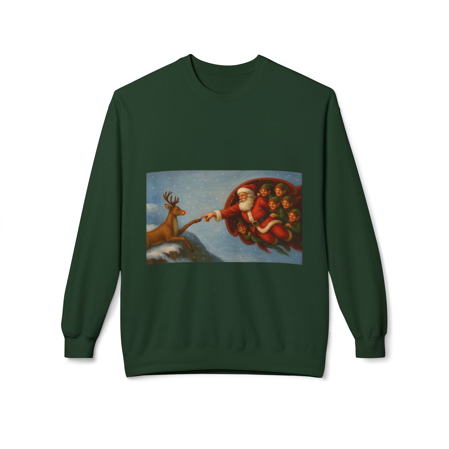 Santa Reaching Reindeer Crewneck Sweatshirt | Christmas Holiday Illustration