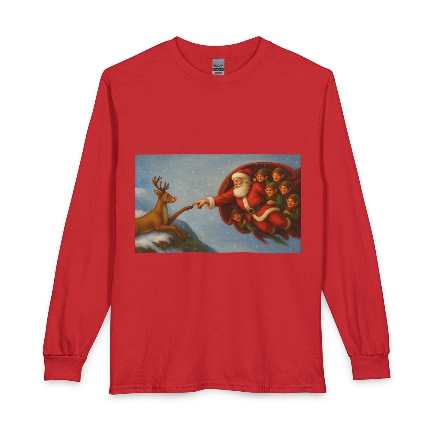 Santa Reaching for Reindeer Long Sleeve Shirt | Christmas Holiday Illustration