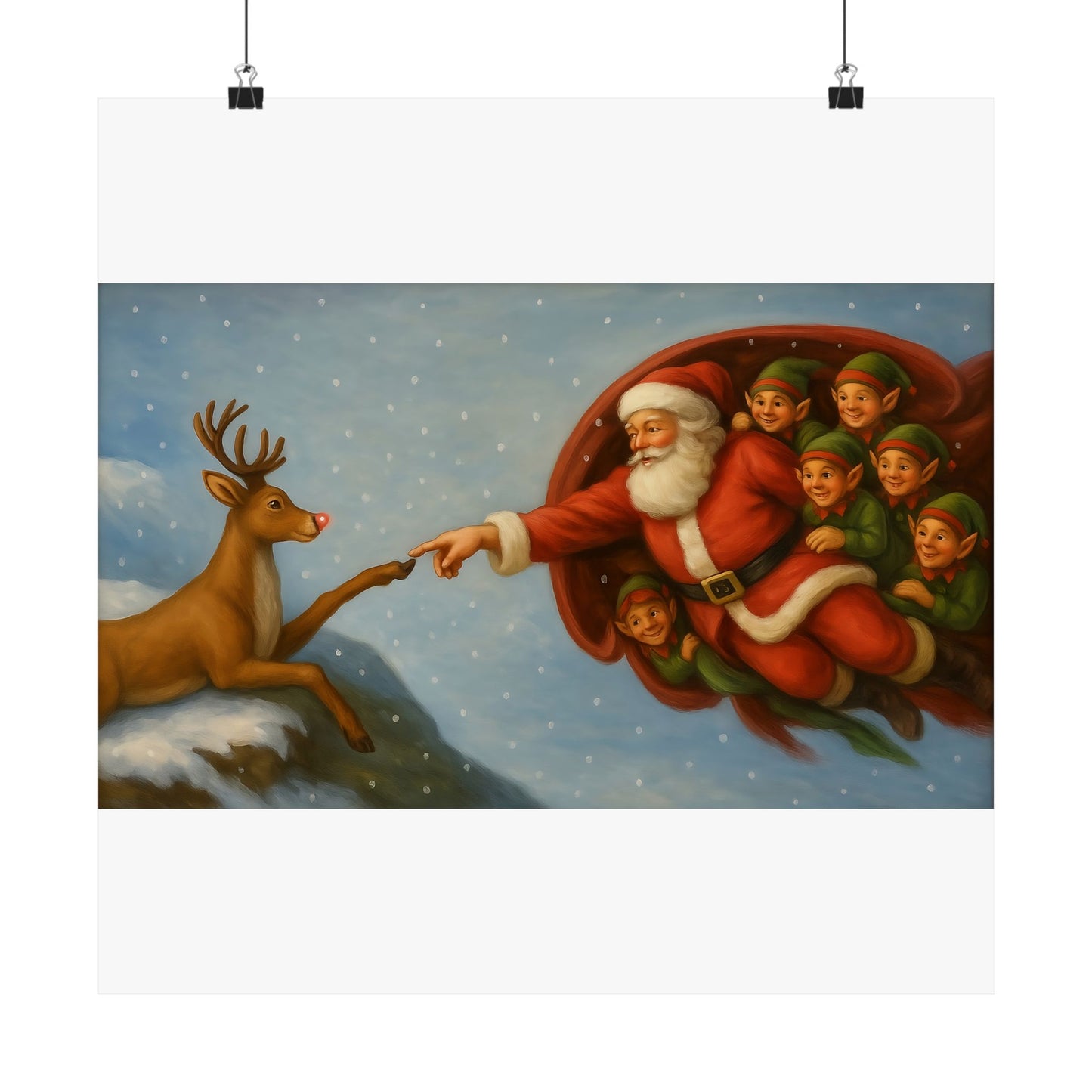 Santa and Elves Reaching Reindeer Matte Vertical Poster | Christmas Holiday Wall Art