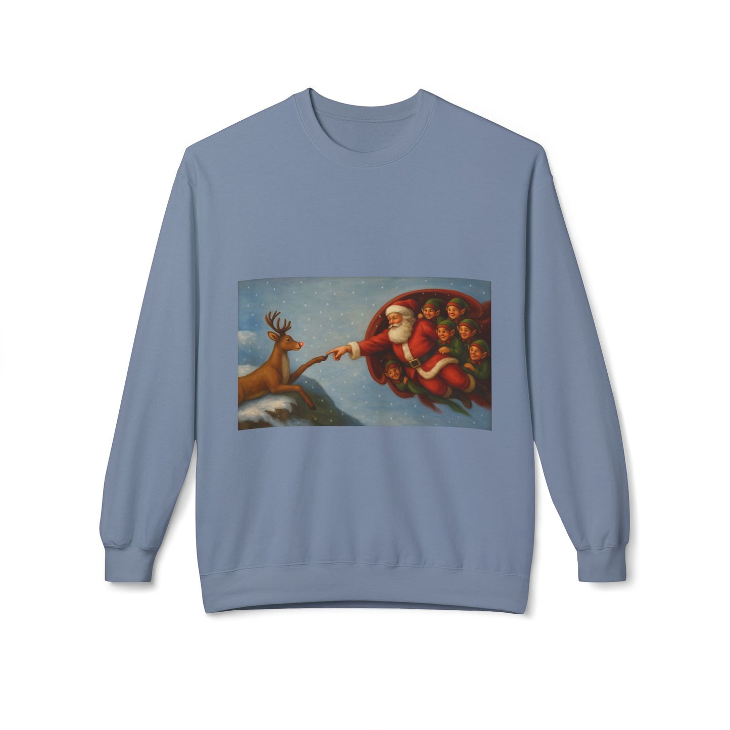Santa Reaching Reindeer Crewneck Sweatshirt | Christmas Holiday Illustration