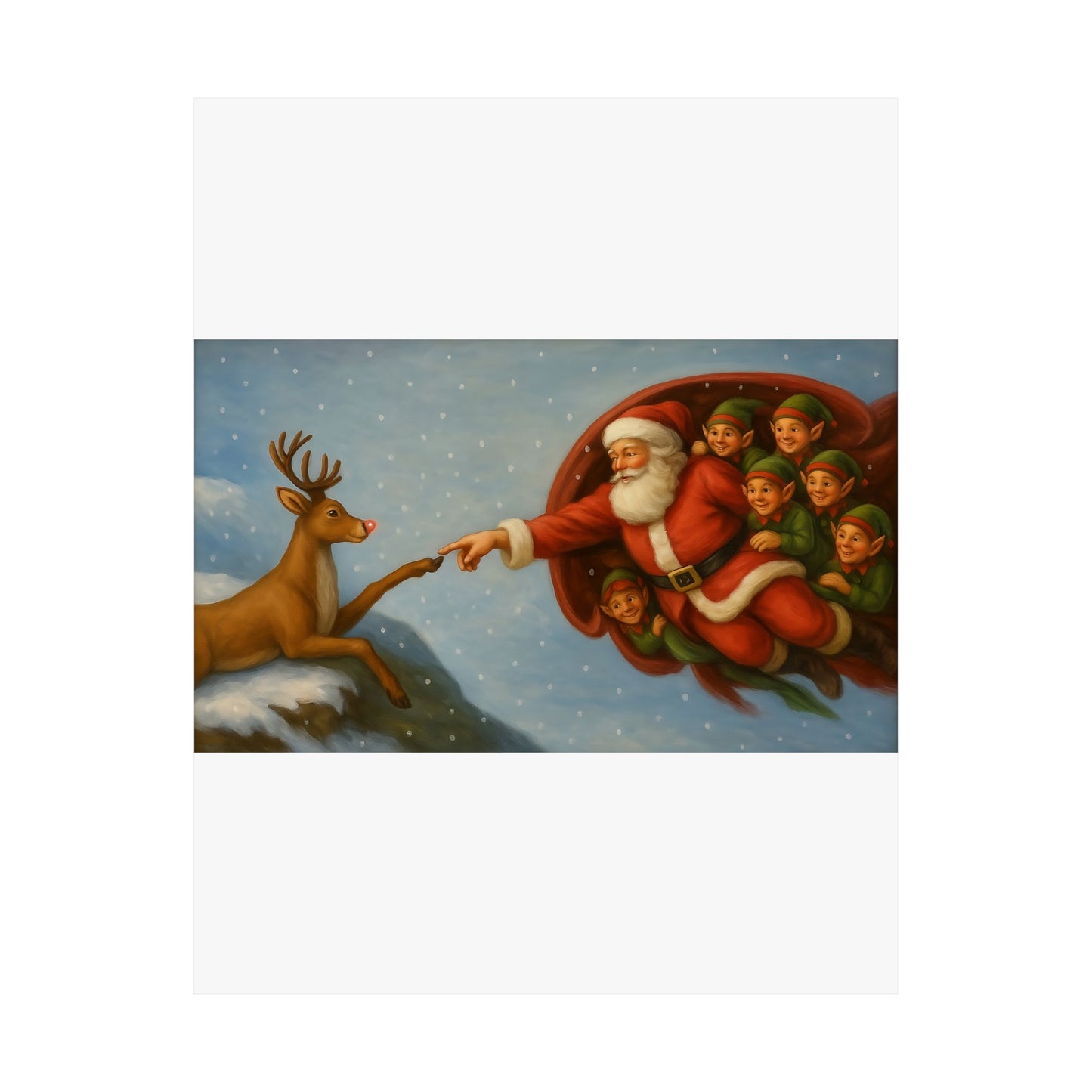 Santa and Elves Reaching Reindeer Matte Vertical Poster | Christmas Holiday Wall Art