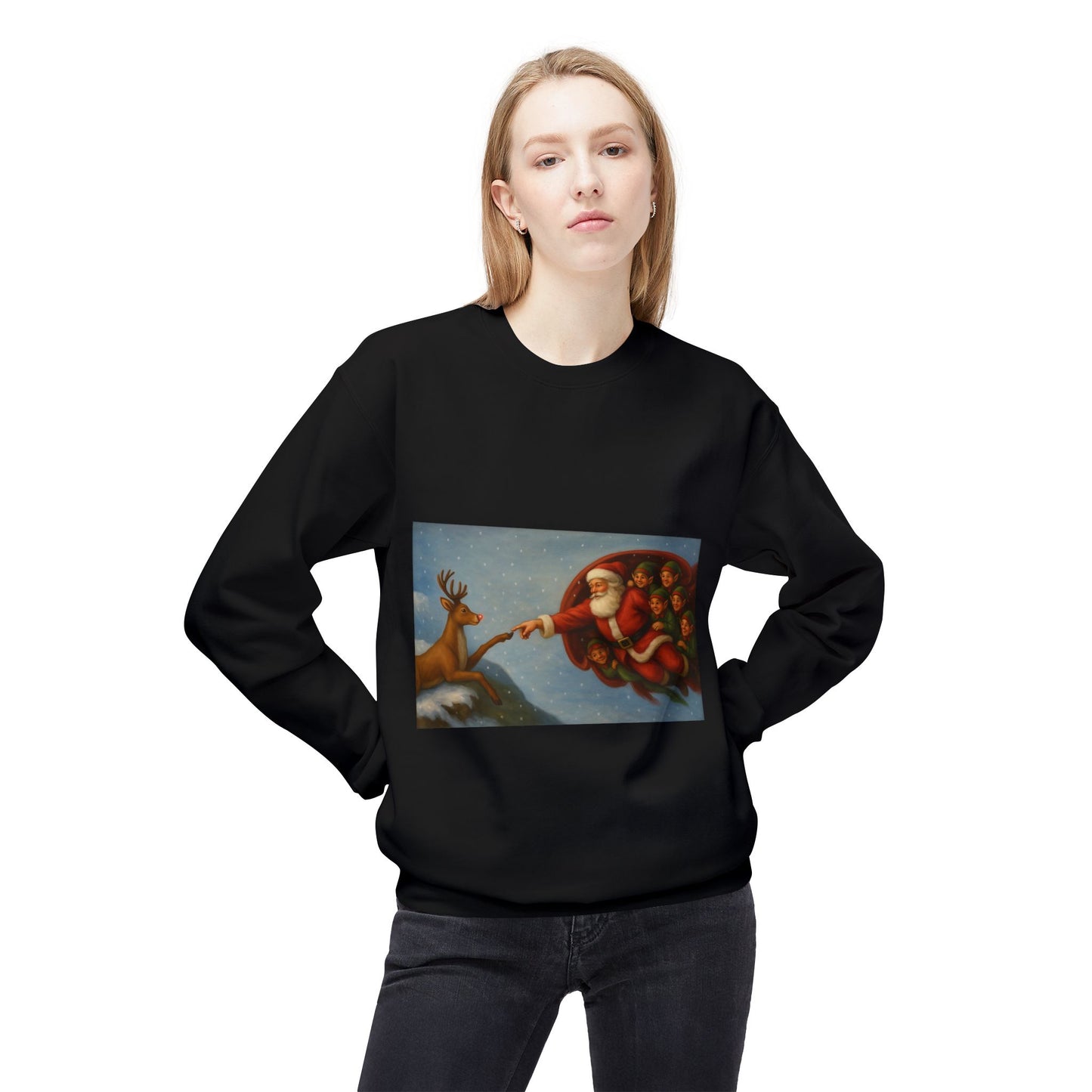 Santa Reaching Reindeer Crewneck Sweatshirt | Christmas Holiday Illustration