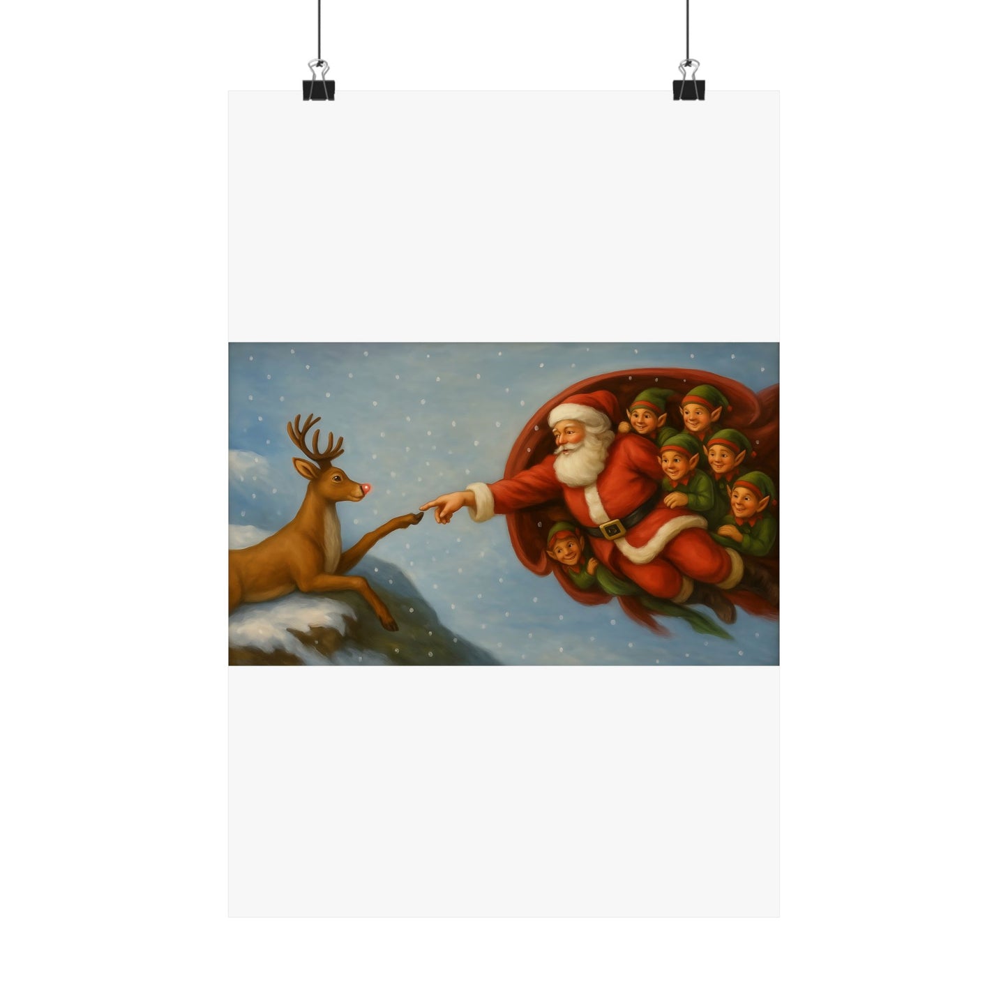 Santa and Elves Reaching Reindeer Matte Vertical Poster | Christmas Holiday Wall Art