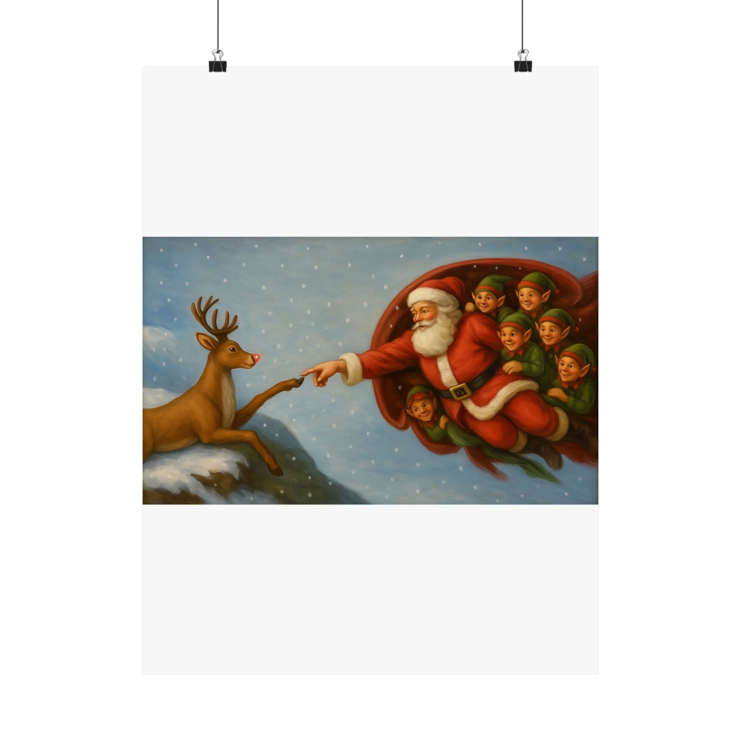 Santa and Elves Reaching Reindeer Matte Vertical Poster | Christmas Holiday Wall Art