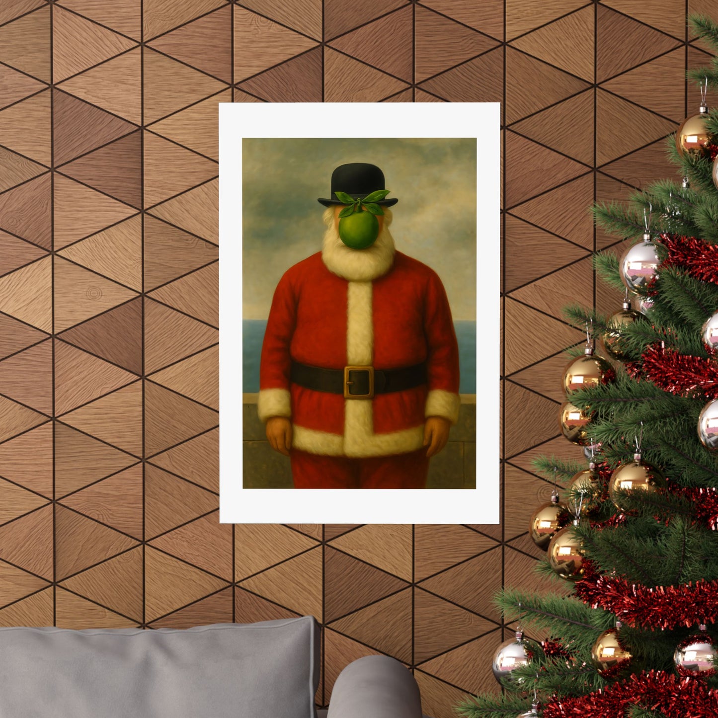 Green Apple Santa Matte Vertical Poster | Surreal Holiday Art Print
