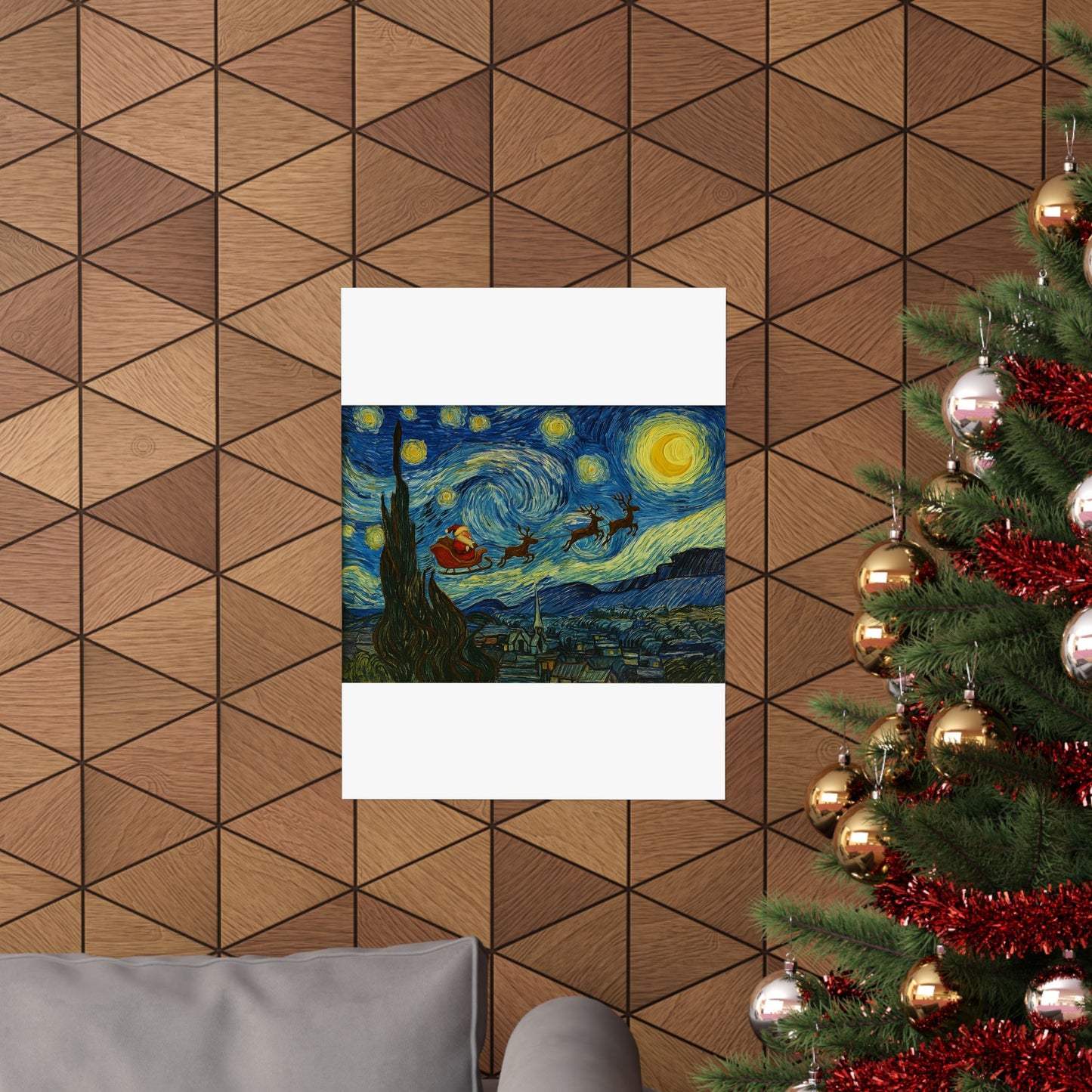 Santa Sleigh over Starry Night Poster | Matte Vertical Poster, Christmas Wall Art