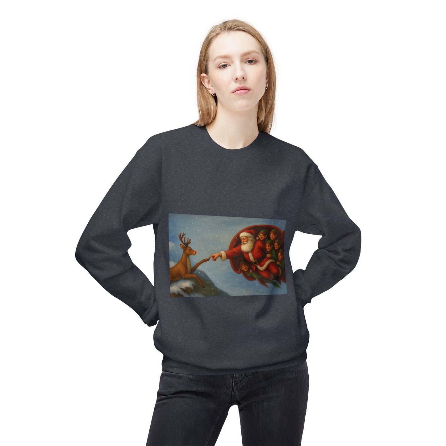Santa Reaching Reindeer Crewneck Sweatshirt | Christmas Holiday Illustration
