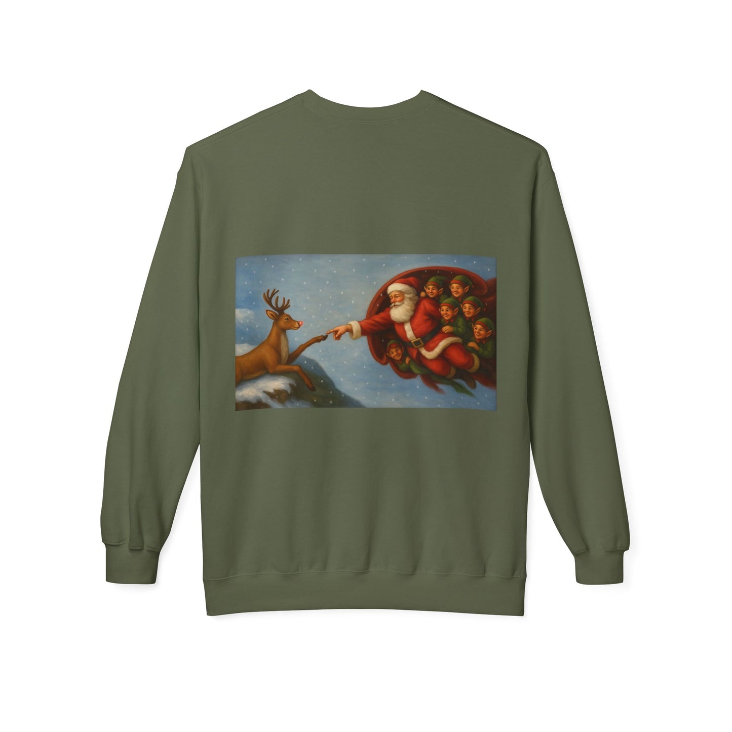 Santa Reaching Reindeer Crewneck Sweatshirt | Christmas Holiday Illustration