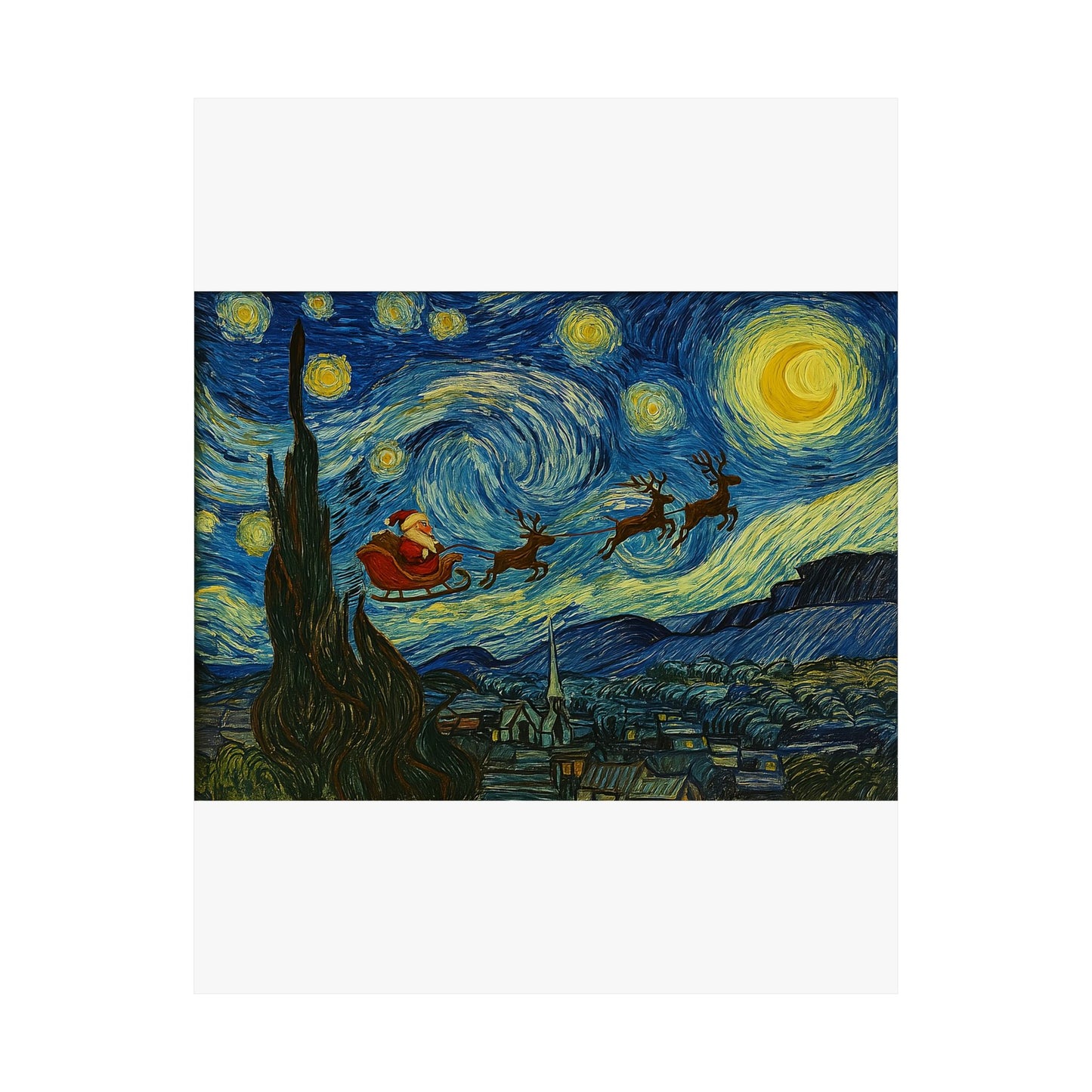 Santa Sleigh over Starry Night Poster | Matte Vertical Poster, Christmas Wall Art