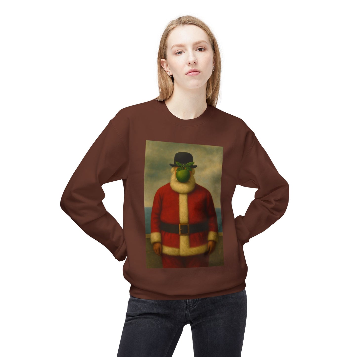 Surreal Pear Man Santa Sweatshirt | Holiday Art Hoodie-Style Crew
