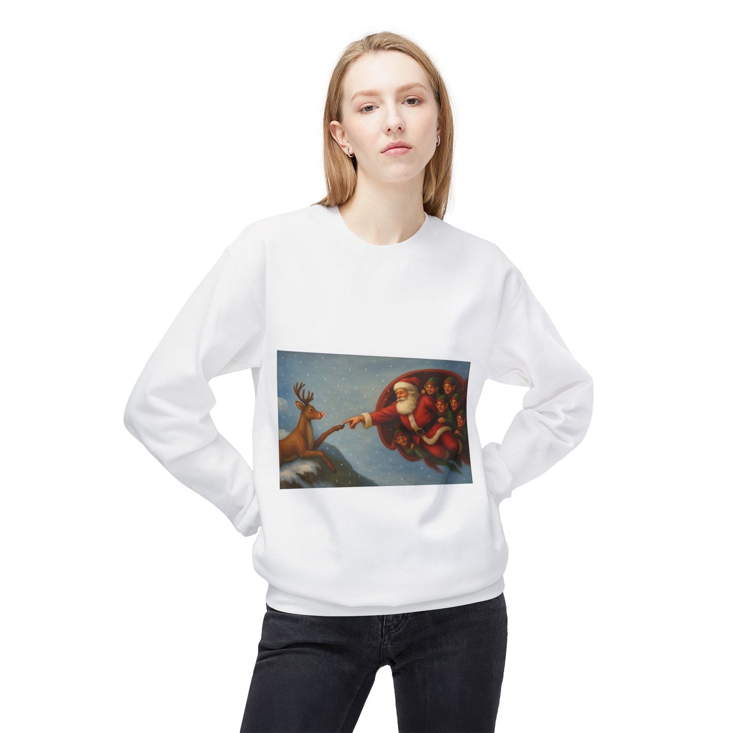Santa Reaching Reindeer Crewneck Sweatshirt | Christmas Holiday Illustration