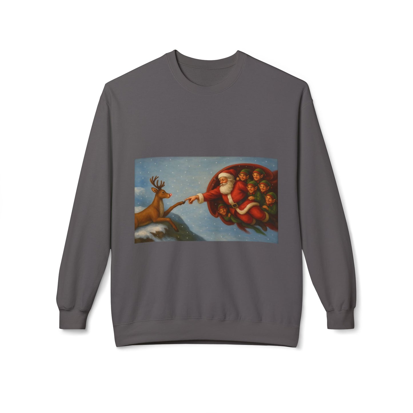 Santa Reaching Reindeer Crewneck Sweatshirt | Christmas Holiday Illustration