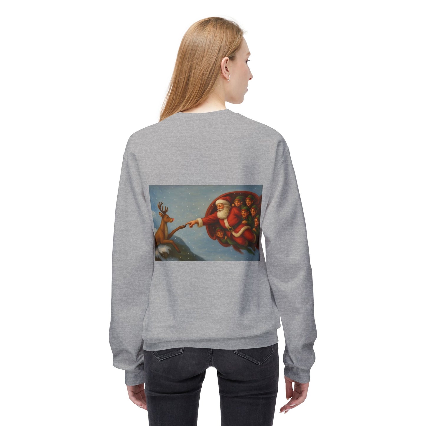 Santa Reaching Reindeer Crewneck Sweatshirt | Christmas Holiday Illustration