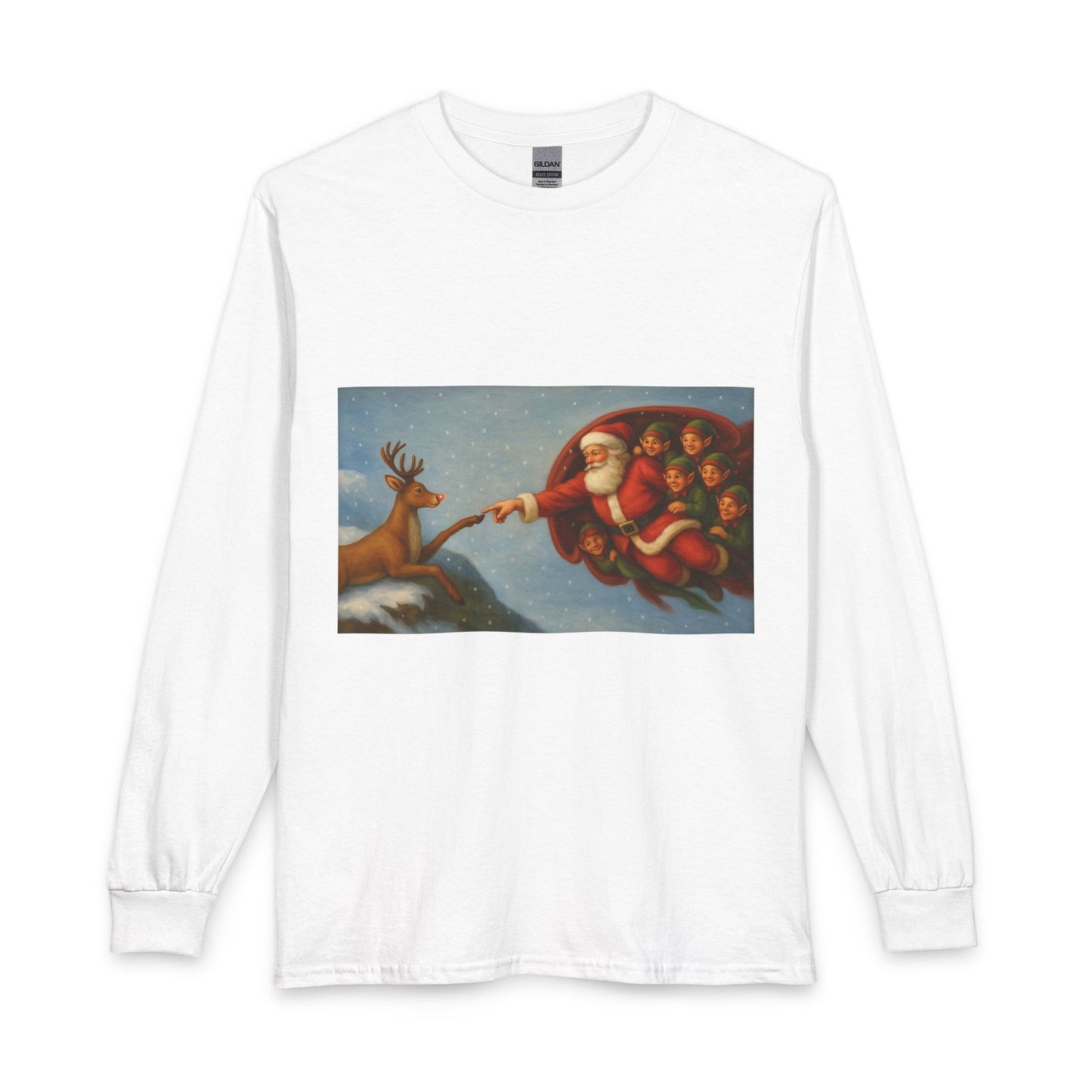 Santa Reaching for Reindeer Long Sleeve Shirt | Christmas Holiday Illustration