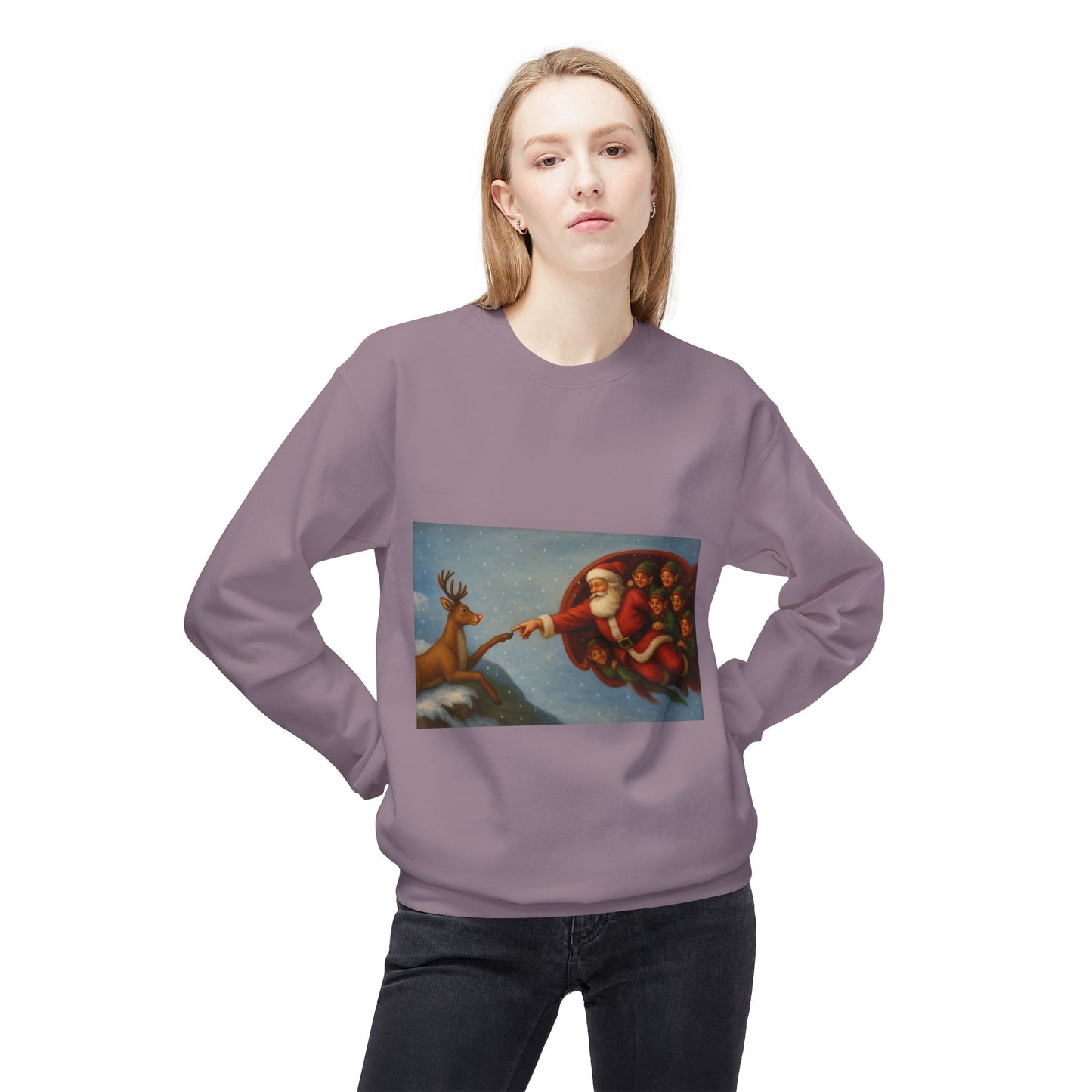 Santa Reaching Reindeer Crewneck Sweatshirt | Christmas Holiday Illustration