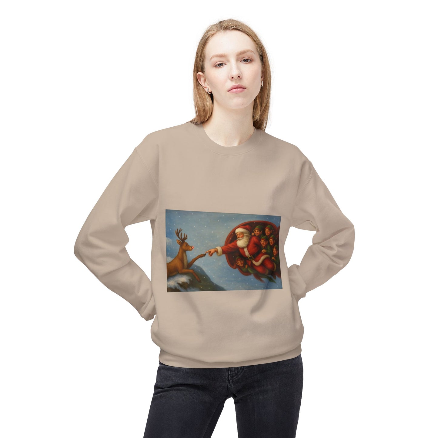 Santa Reaching Reindeer Crewneck Sweatshirt | Christmas Holiday Illustration