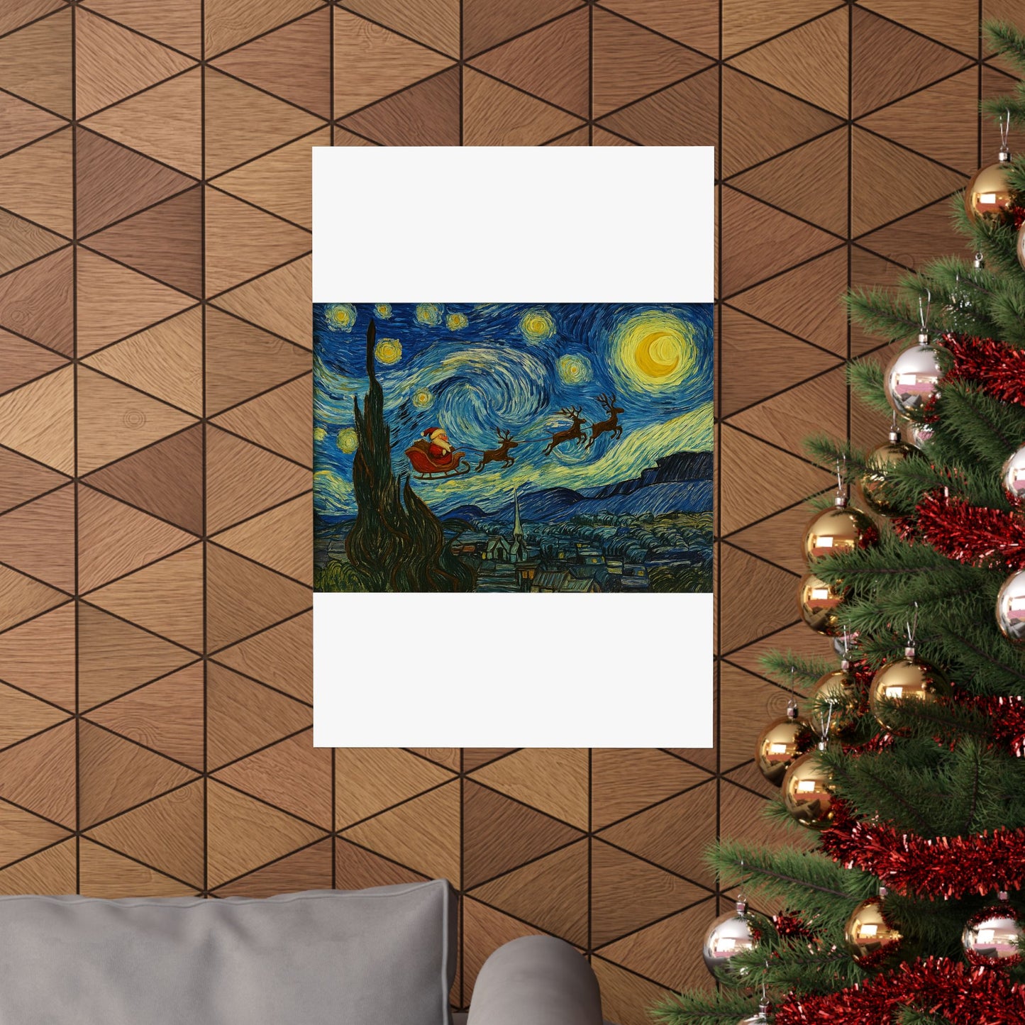 Santa Sleigh over Starry Night Poster | Matte Vertical Poster, Christmas Wall Art