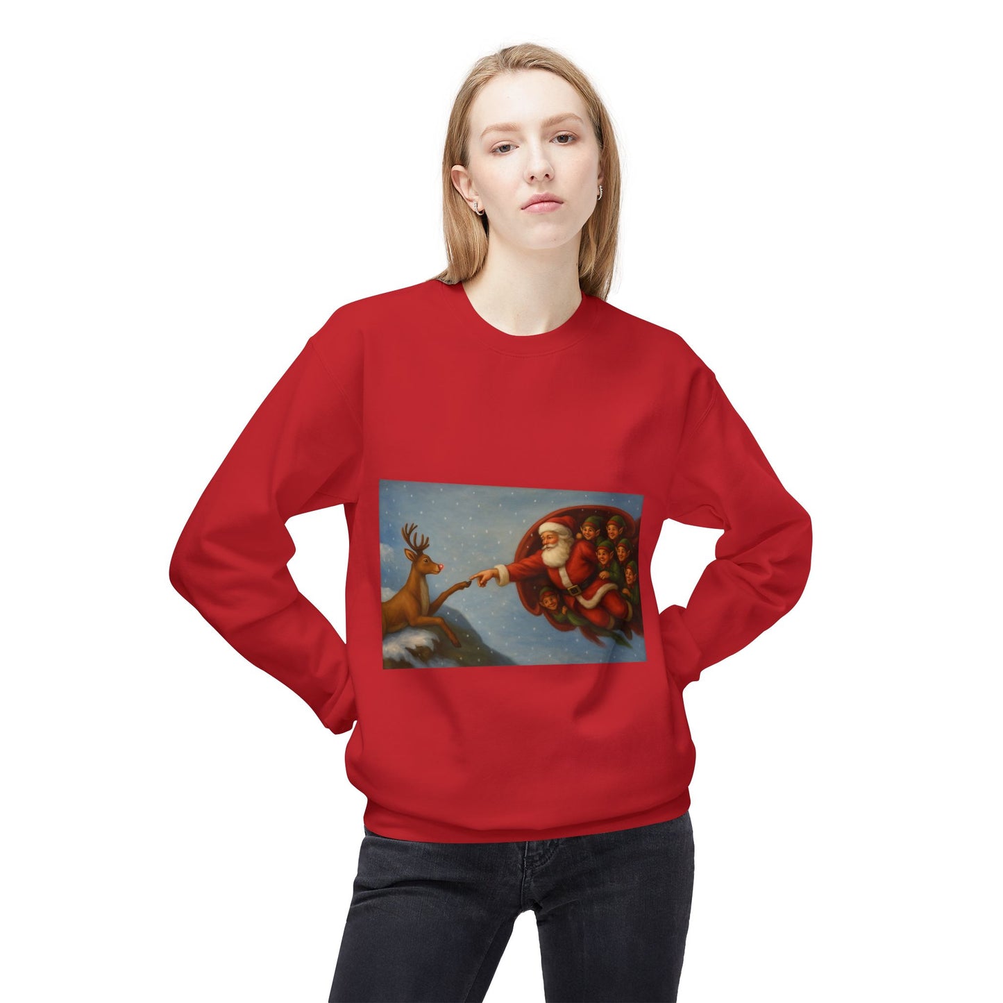 Santa Reaching Reindeer Crewneck Sweatshirt | Christmas Holiday Illustration