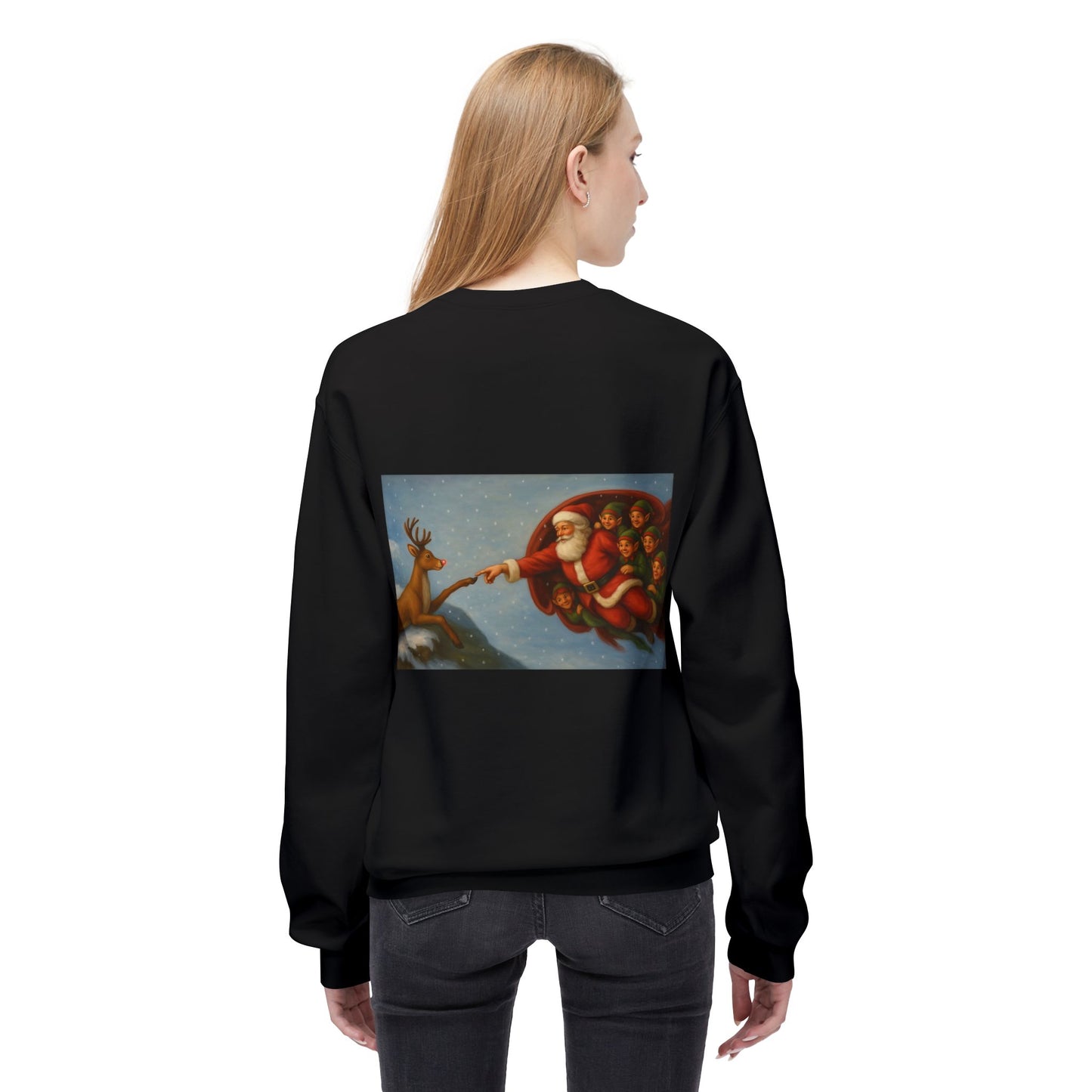 Santa Reaching Reindeer Crewneck Sweatshirt | Christmas Holiday Illustration