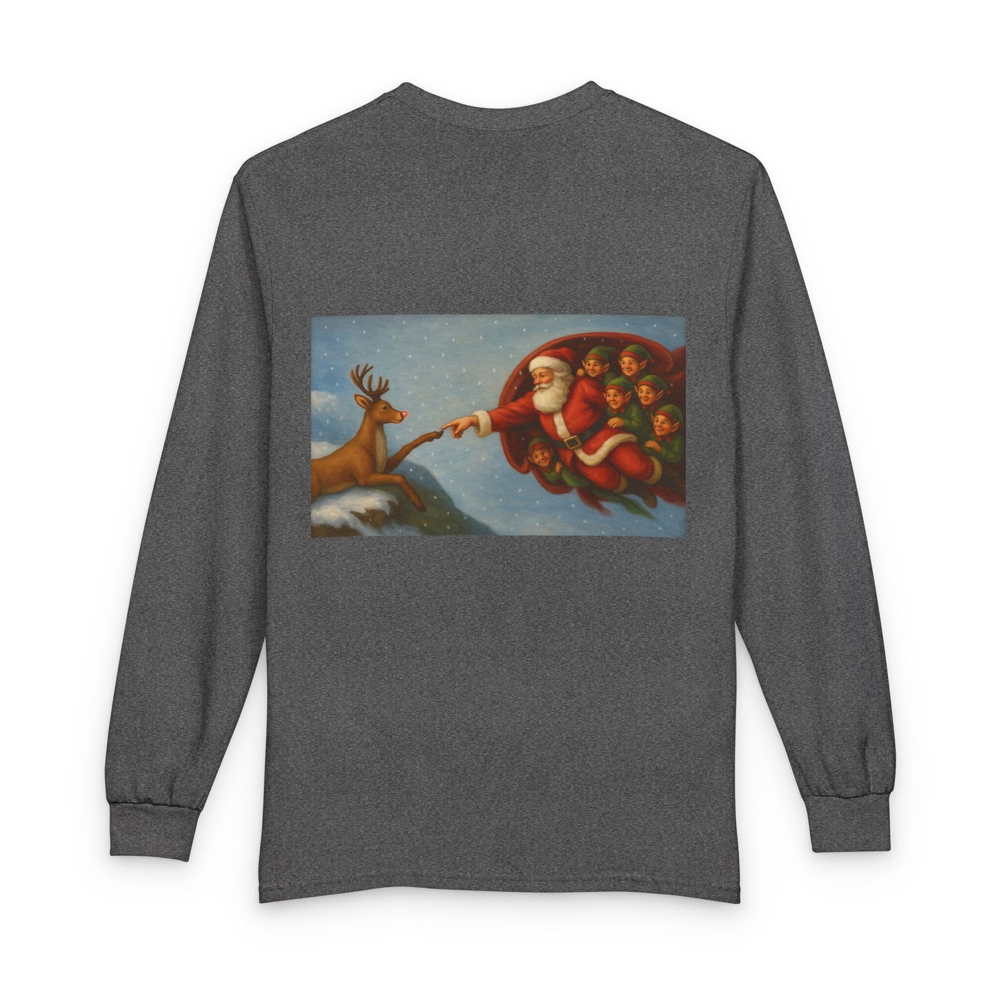 Santa Reaching for Reindeer Long Sleeve Shirt | Christmas Holiday Illustration