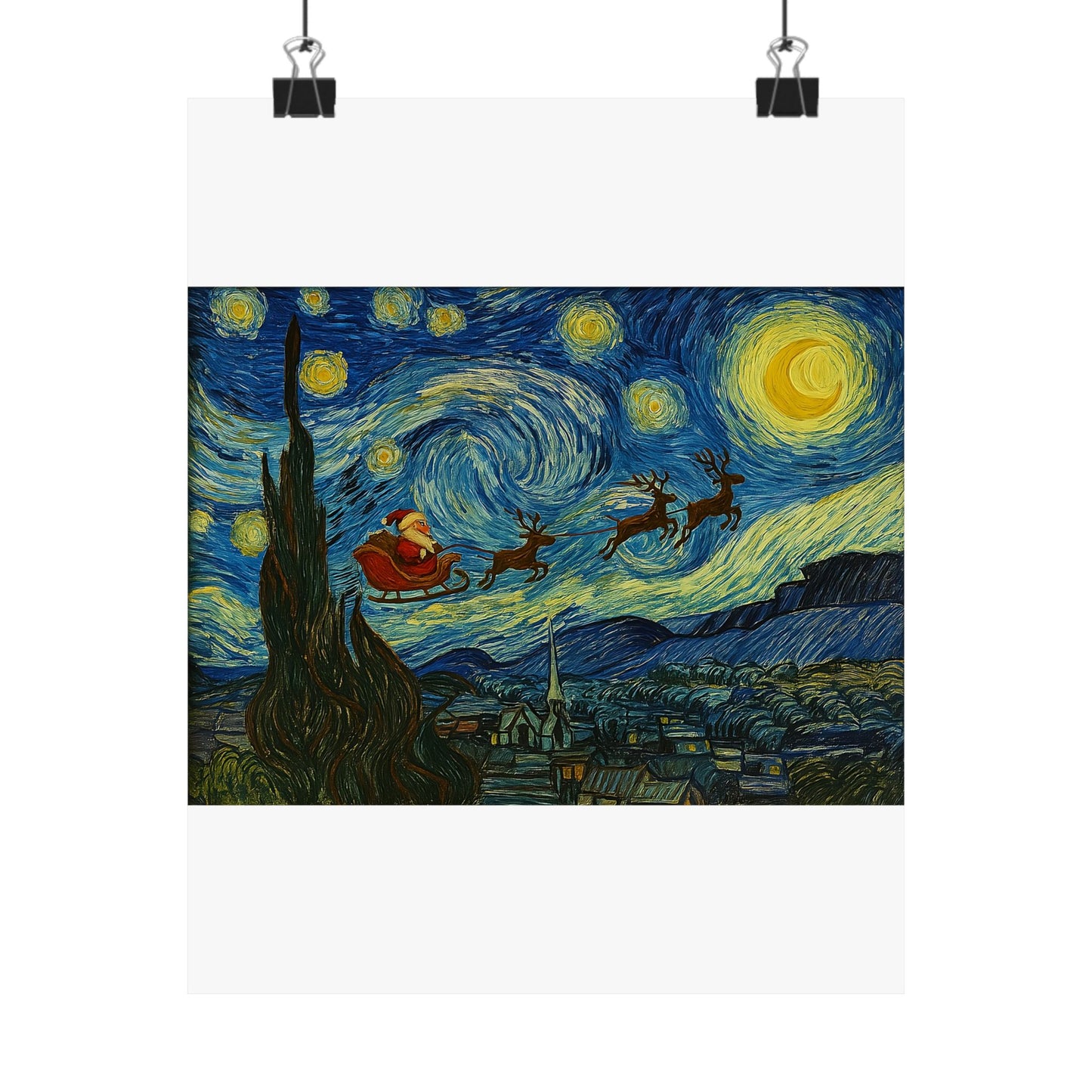 Santa Sleigh over Starry Night Poster | Matte Vertical Poster, Christmas Wall Art