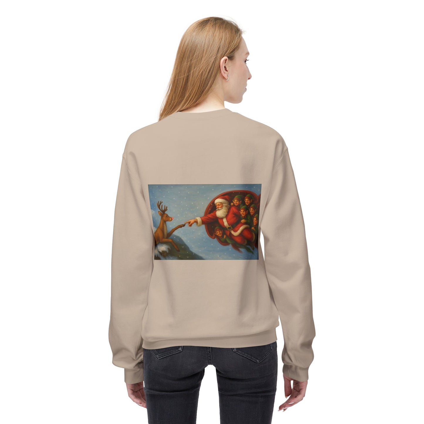 Santa Reaching Reindeer Crewneck Sweatshirt | Christmas Holiday Illustration