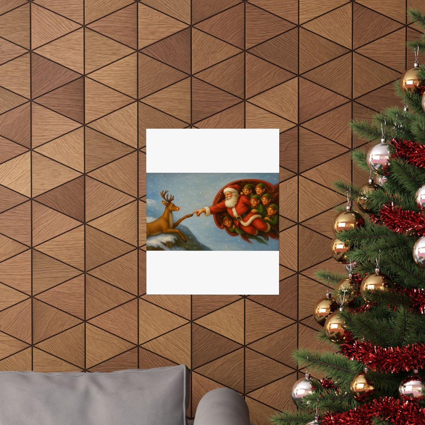 Santa and Elves Reaching Reindeer Matte Vertical Poster | Christmas Holiday Wall Art